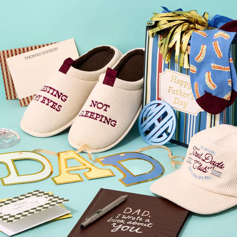 Funny and thoughtful gifts for Father's Day, including a hat, slippers and custom stationery.