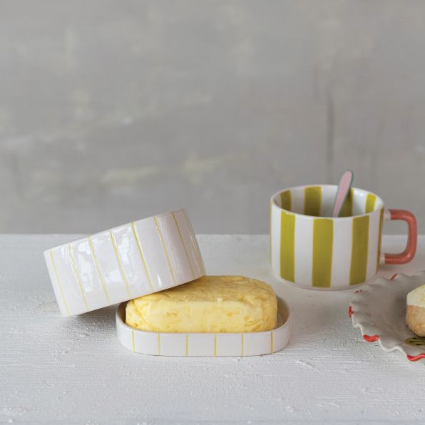 Stoneware Butter Dish w Stripes