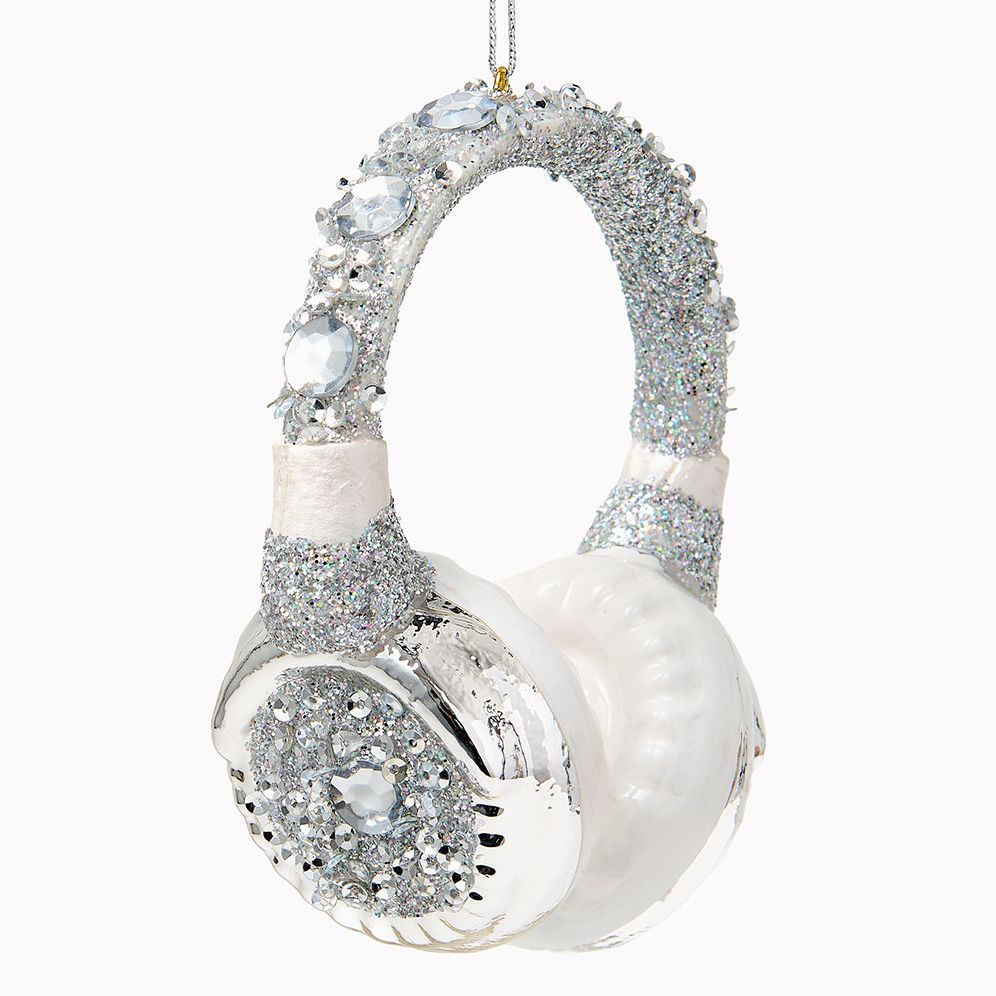 Silver Headphones Glass Ornament