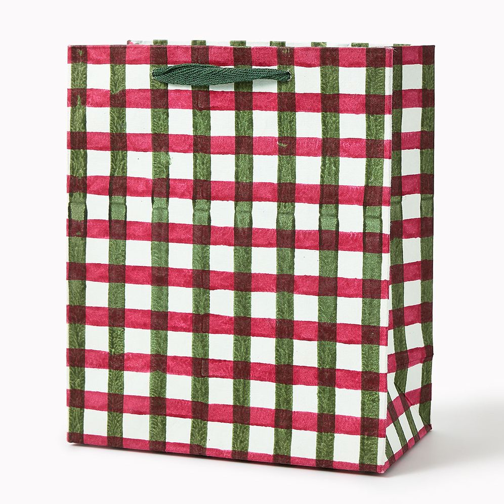 Gingham Red and Green Block Printed Medium Gift Bag