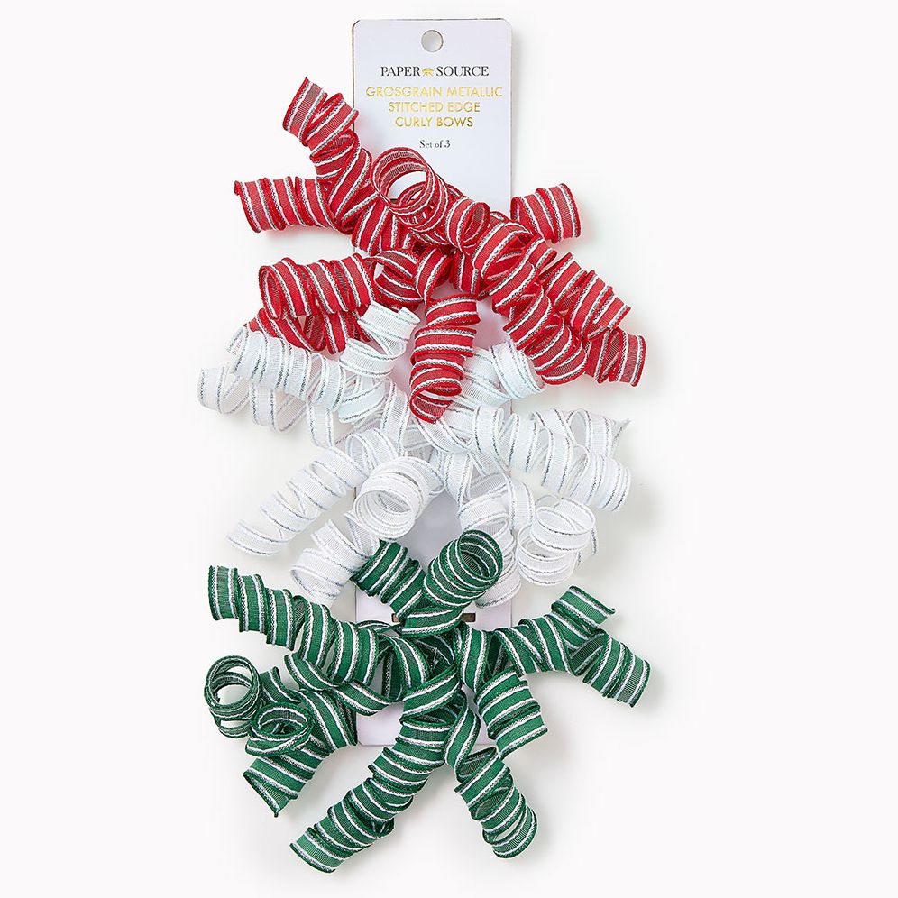 Grosgrain Metallic Stitched Edge Red, White & Green Curly Bow Set of 3