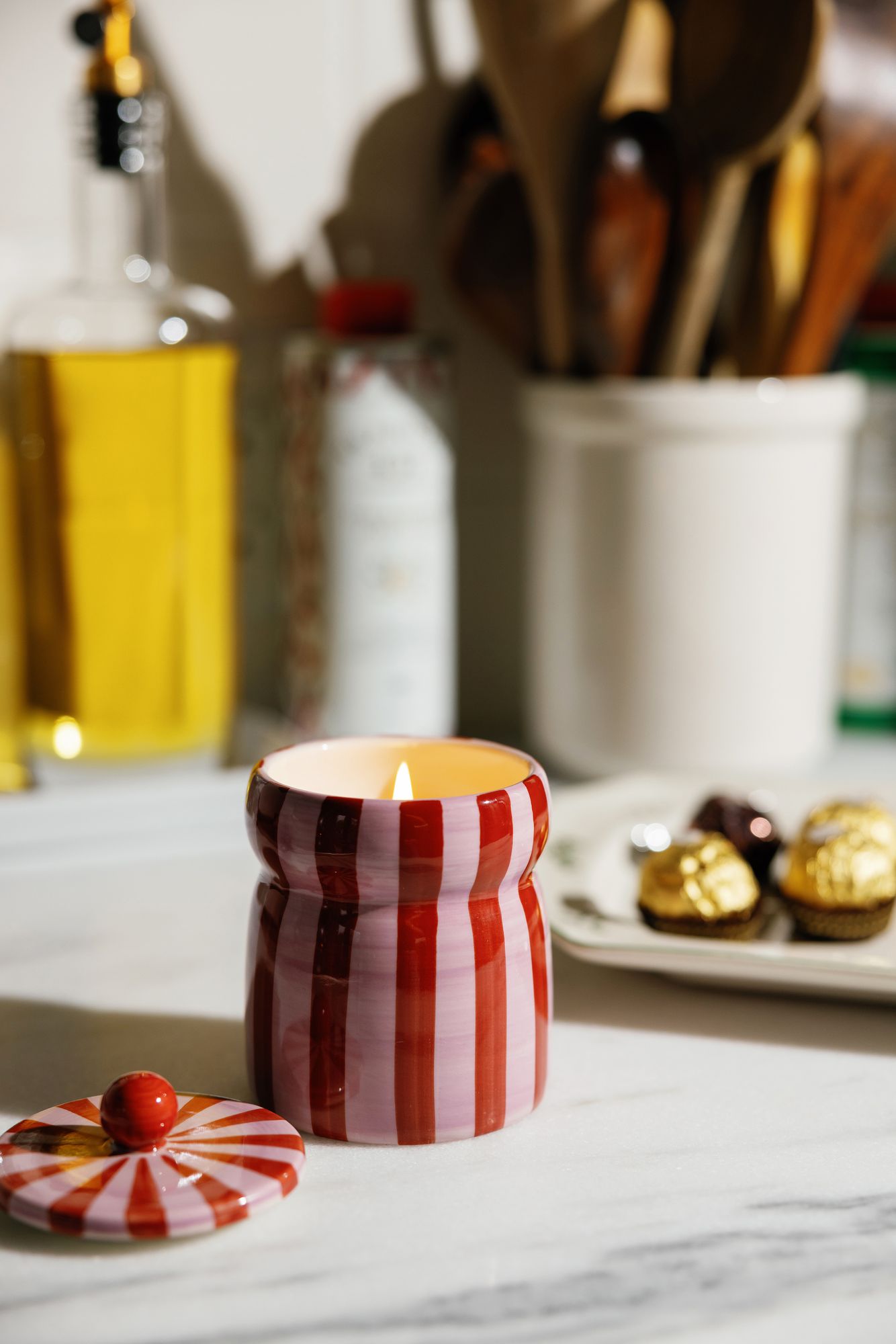 Pink Peppermint Cabana Striped Ceramic Candle