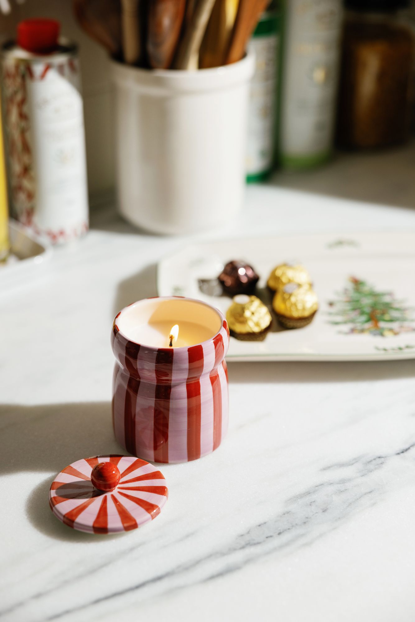 Pink Peppermint Cabana Striped Ceramic Candle