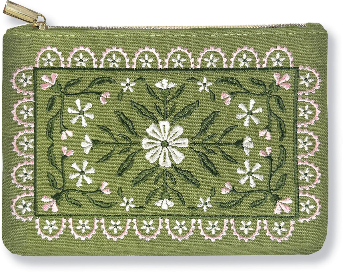 Green Floral Embroidered Pouch