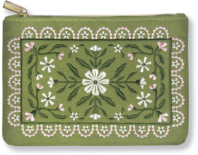 Green Floral Embroidered Pouch