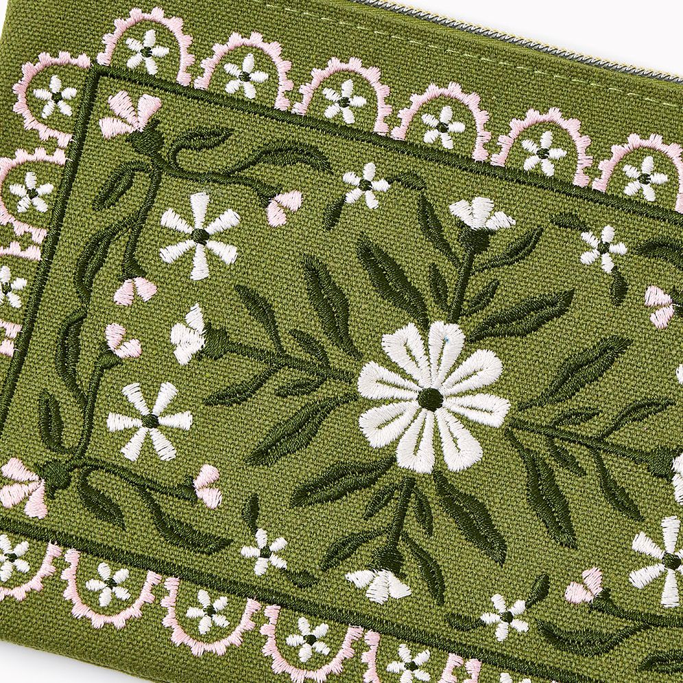 Green Floral Embroidered Pouch