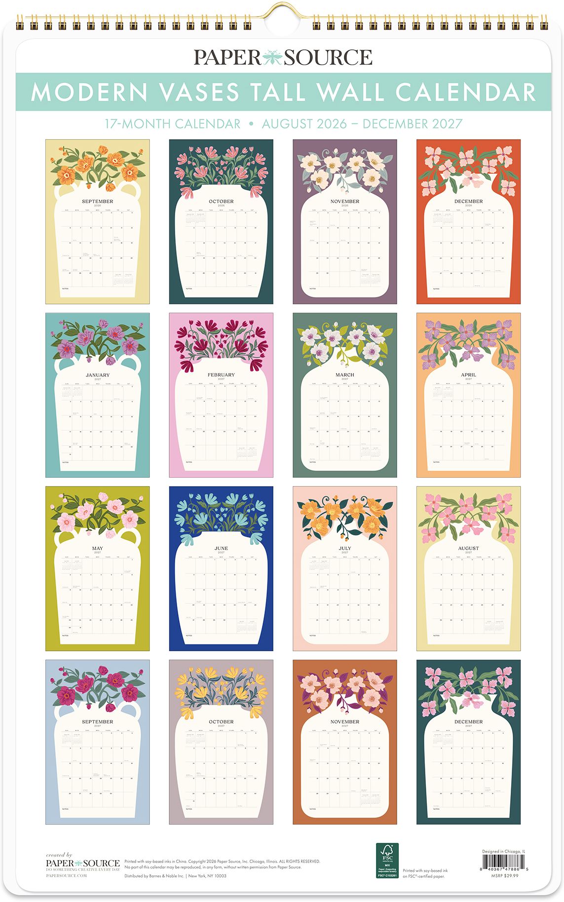 2026-2027 Modern Vases Tall Wall Calendar