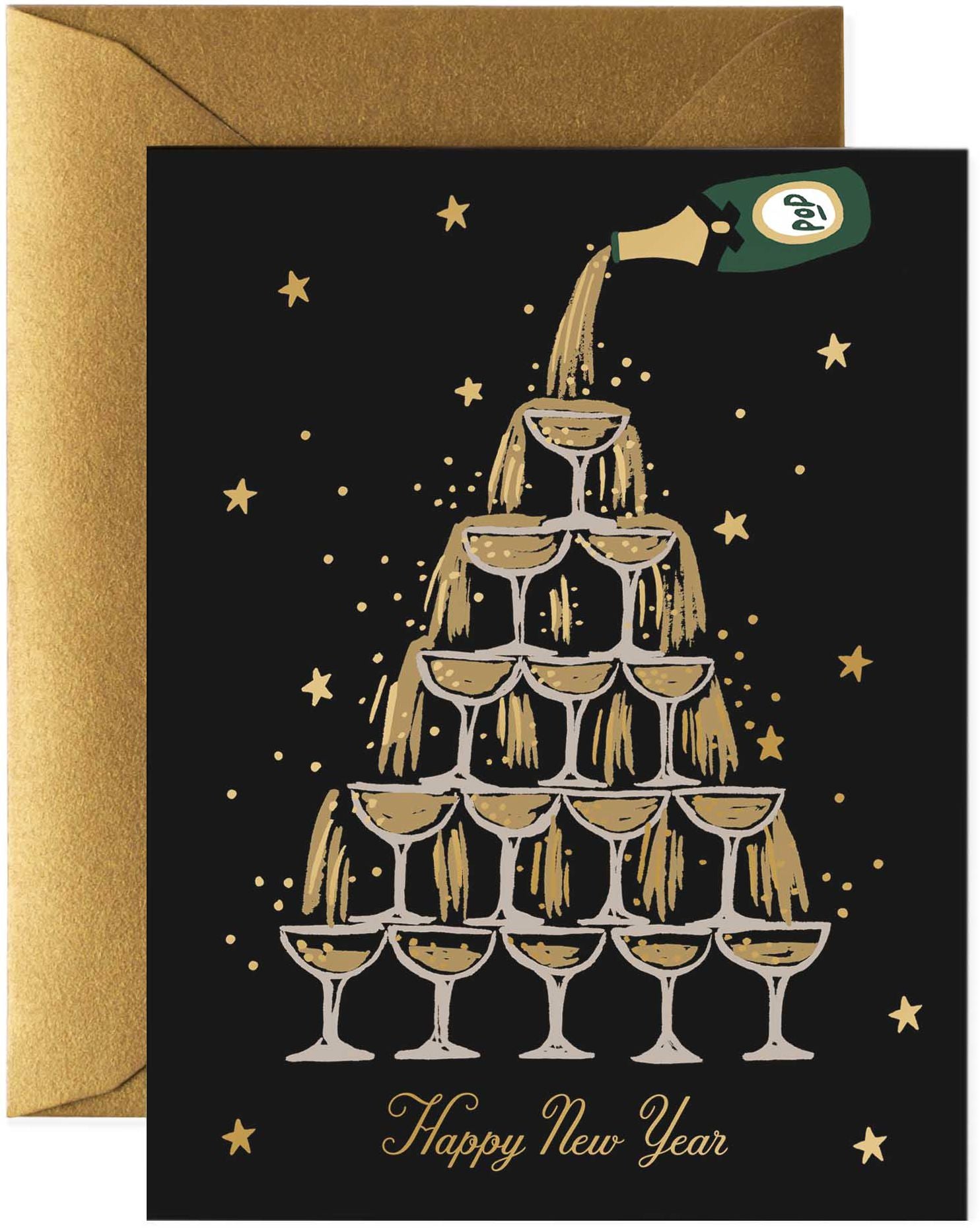 Night Owl Paper Goods Golden New Year Holiday Cards, 10-Pack by