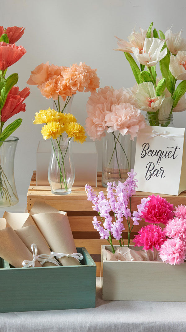 A colorful bouquet bar of paper flowers.