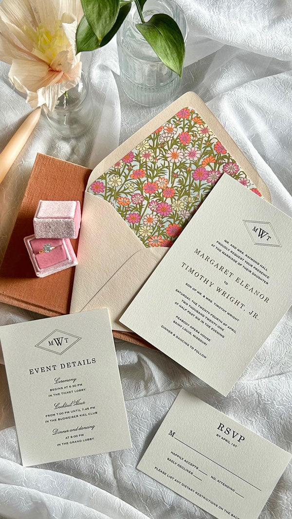 A classically designed wedding invitation suite displayed with flowers and a wedding ring.
