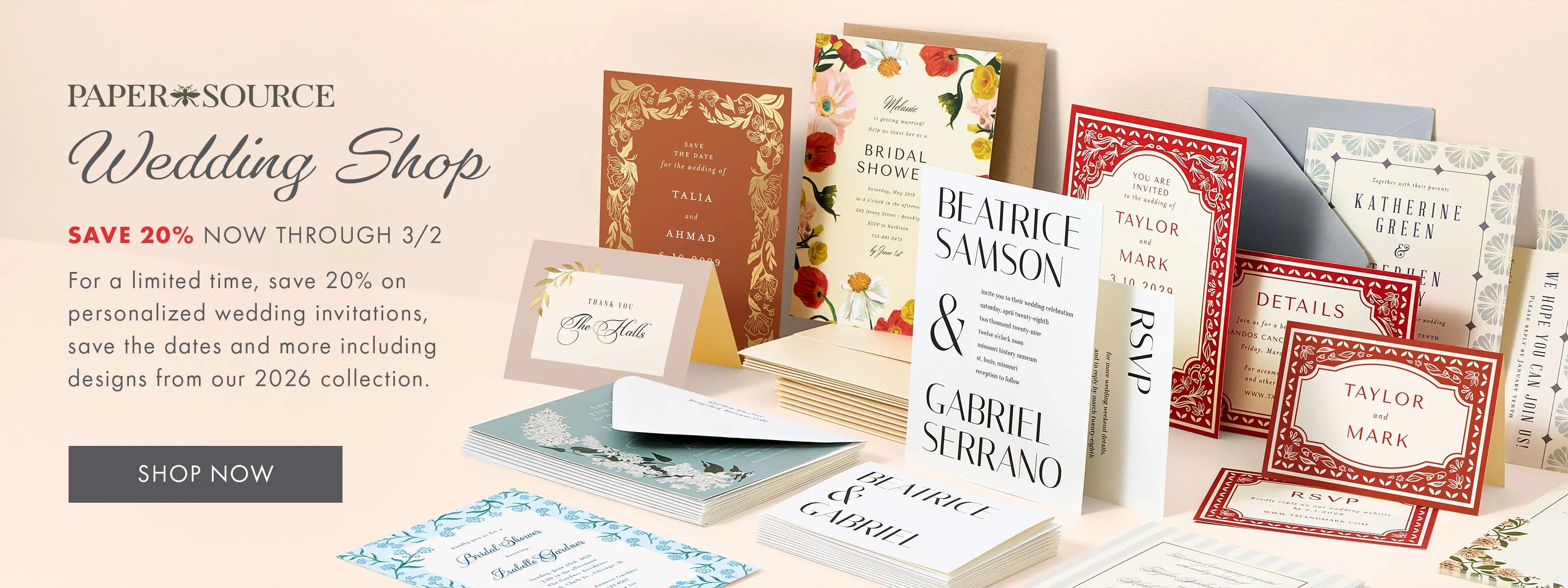 Shop custom wedding invitations and save the dates and save 20%.