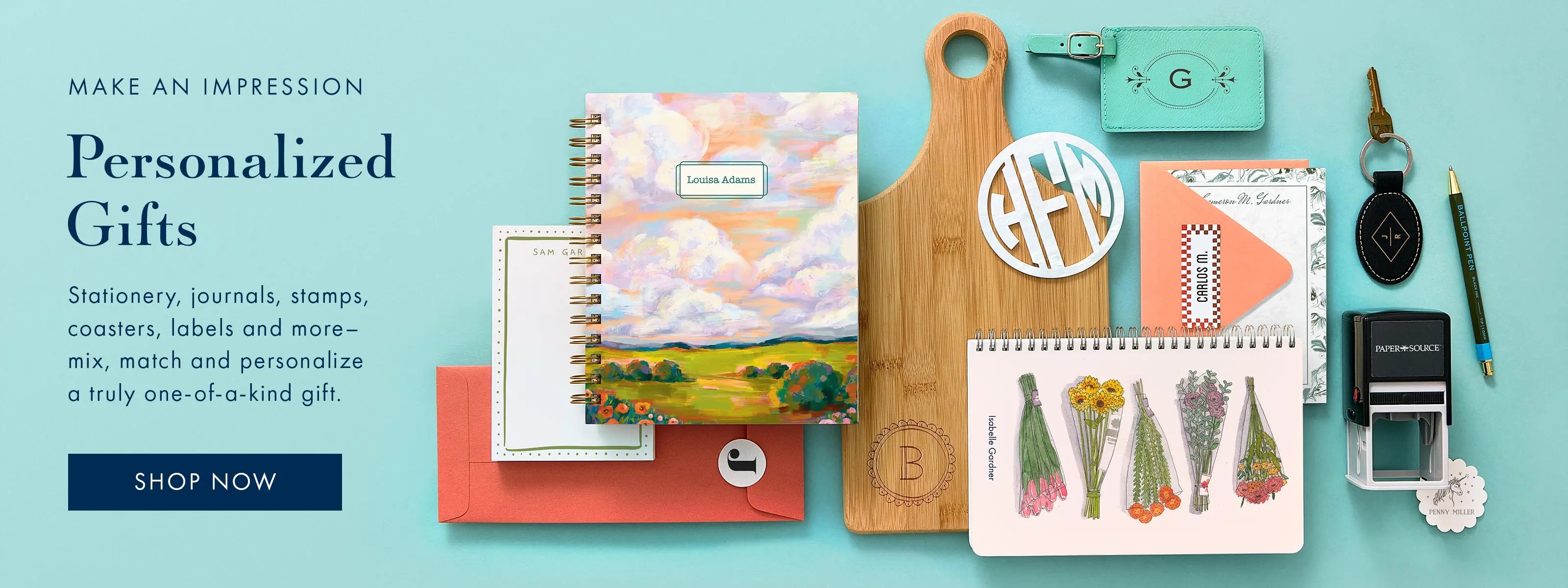 Shop personalized gifts including stationery, journals, stamps and more.