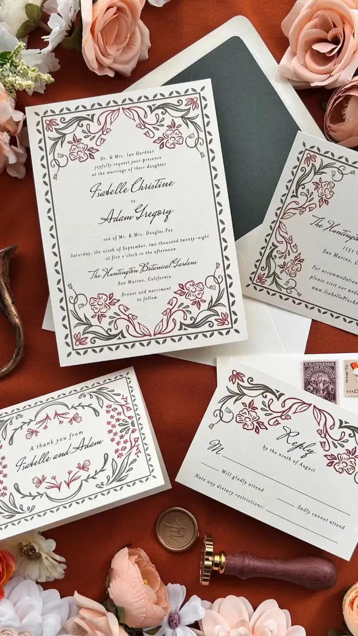 Beautiful and ornate floral wedding invitations, perfect for Fall weddings.