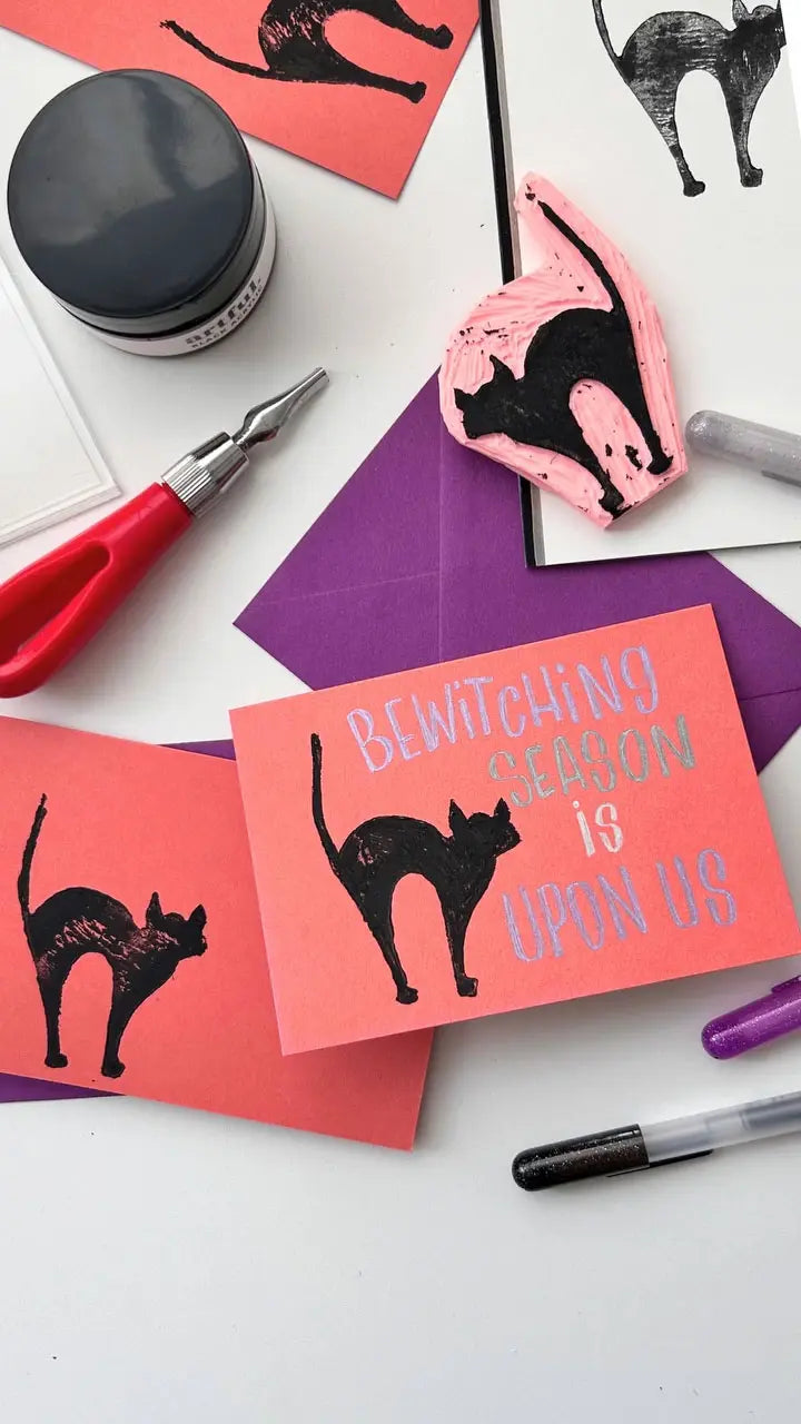 Handmade Halloween card using a custom engraved stamp tool that reads, Bewitching Season is Upon Us.