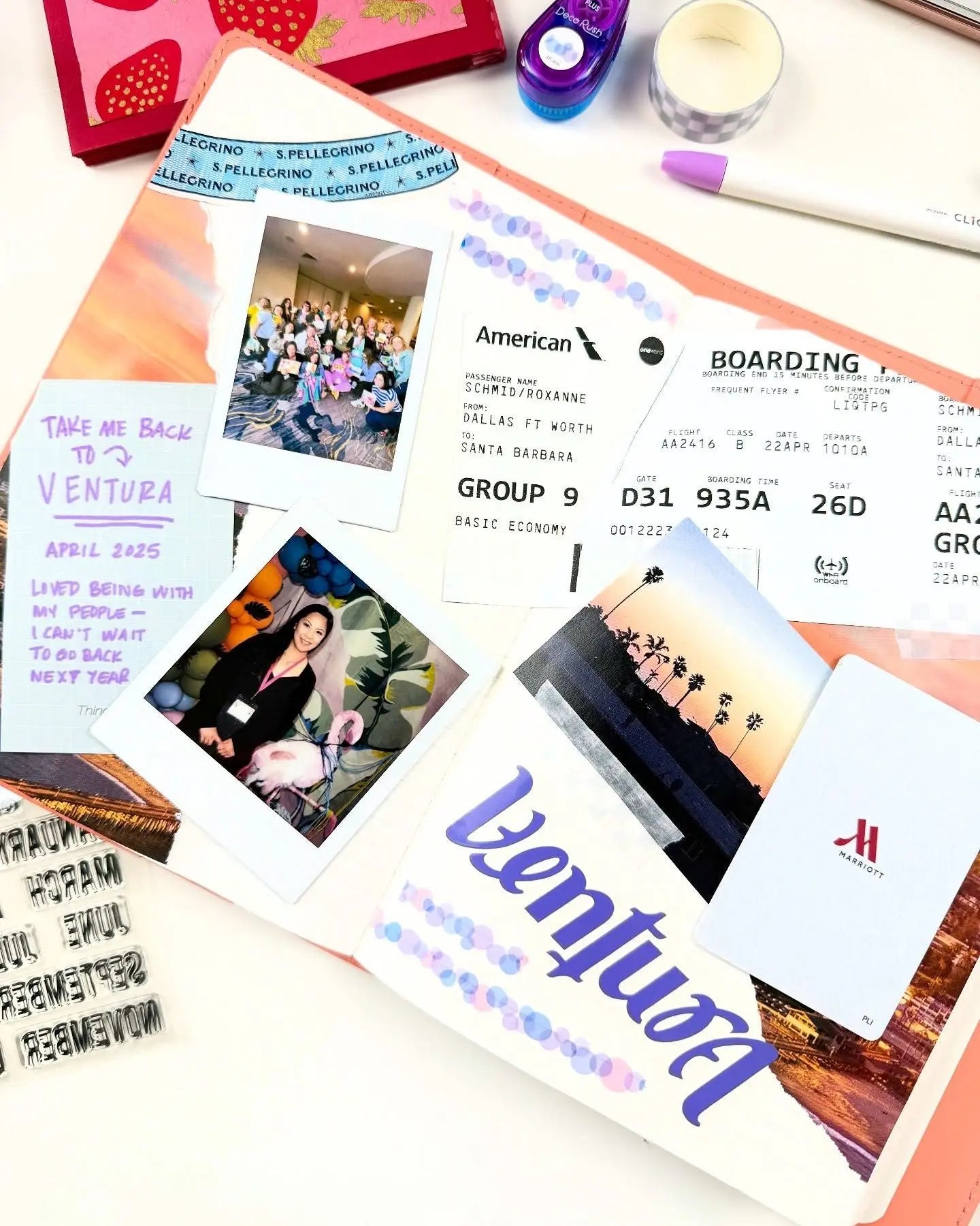 An open travel journal displaying a boarding ticket, hotel key card and pictures.