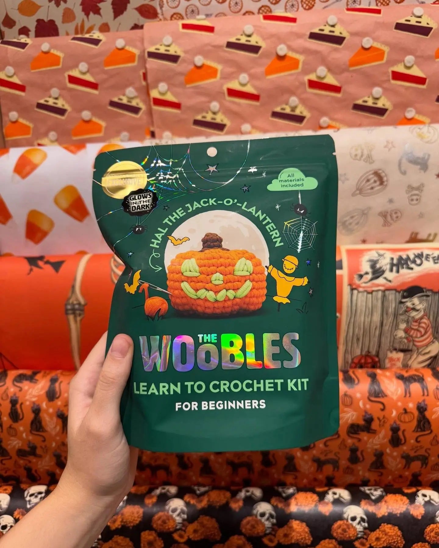 Hal the Jack-o-lantern wooble kit displayed against a handmade paper background.