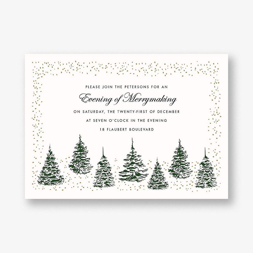 Snowy Winter Green Tree Border Holiday Party Invitation
