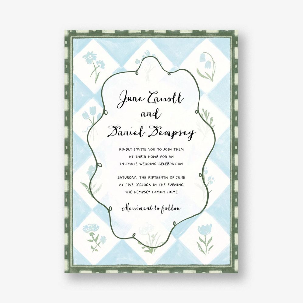 Patchwork in Green and Blue Wedding Invitation