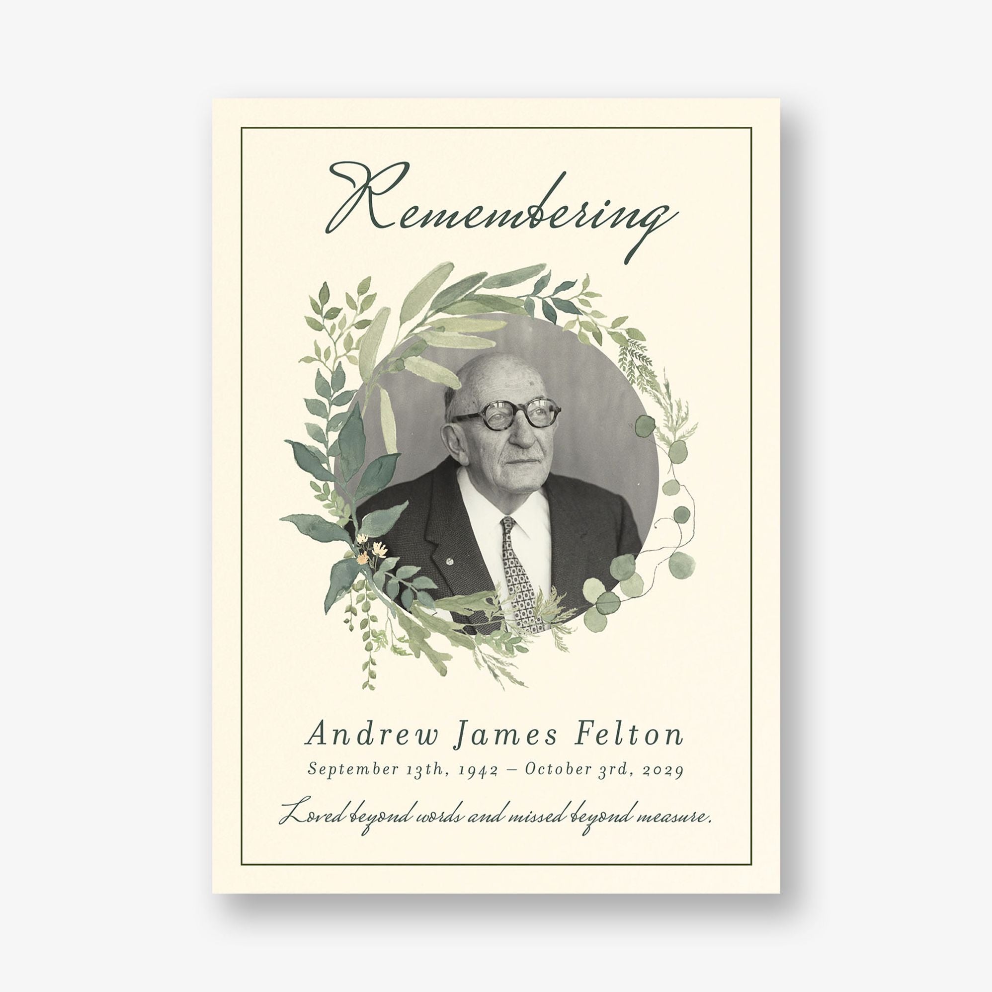 Greenery Wreath Photo Memorial Card