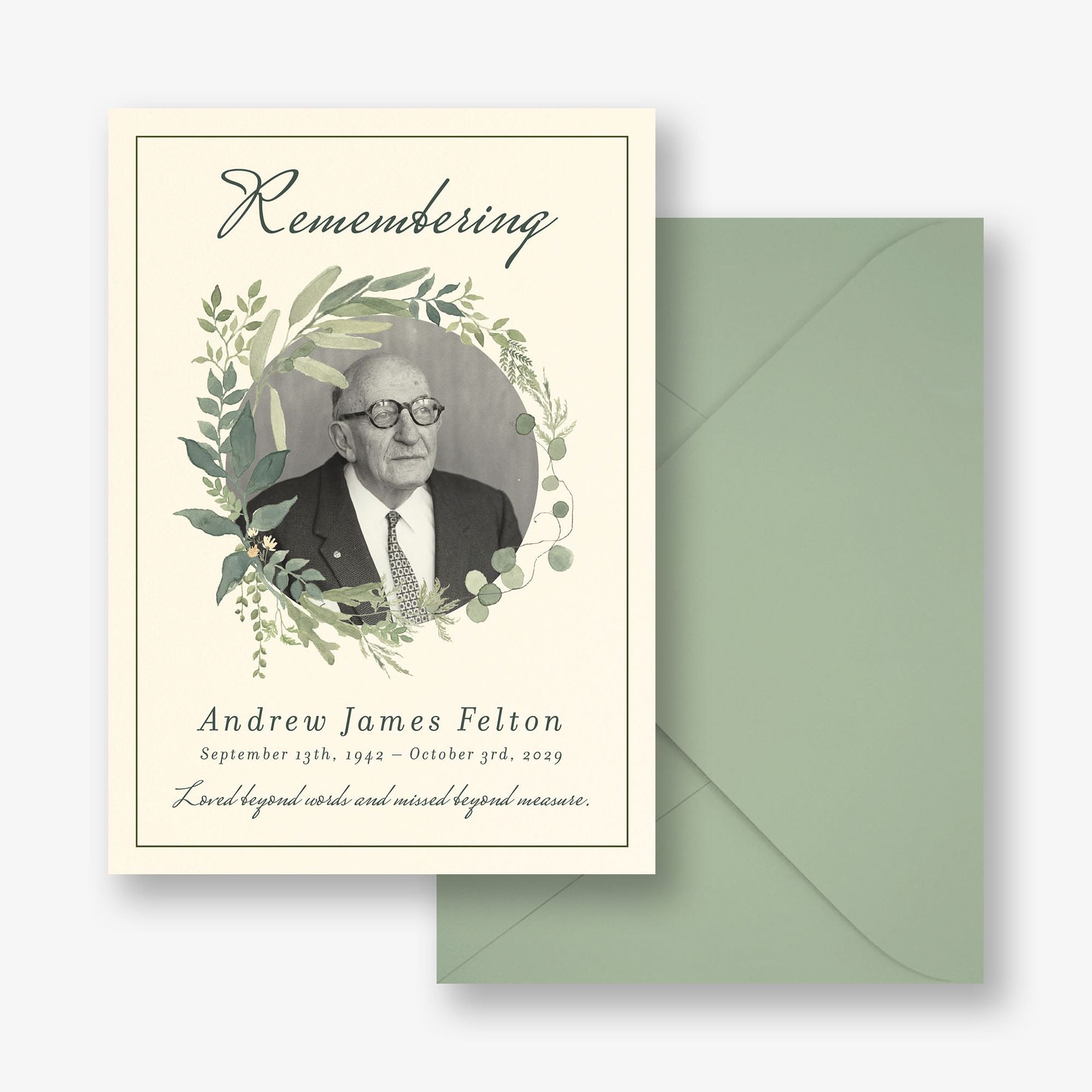 Greenery Wreath Photo Memorial Card