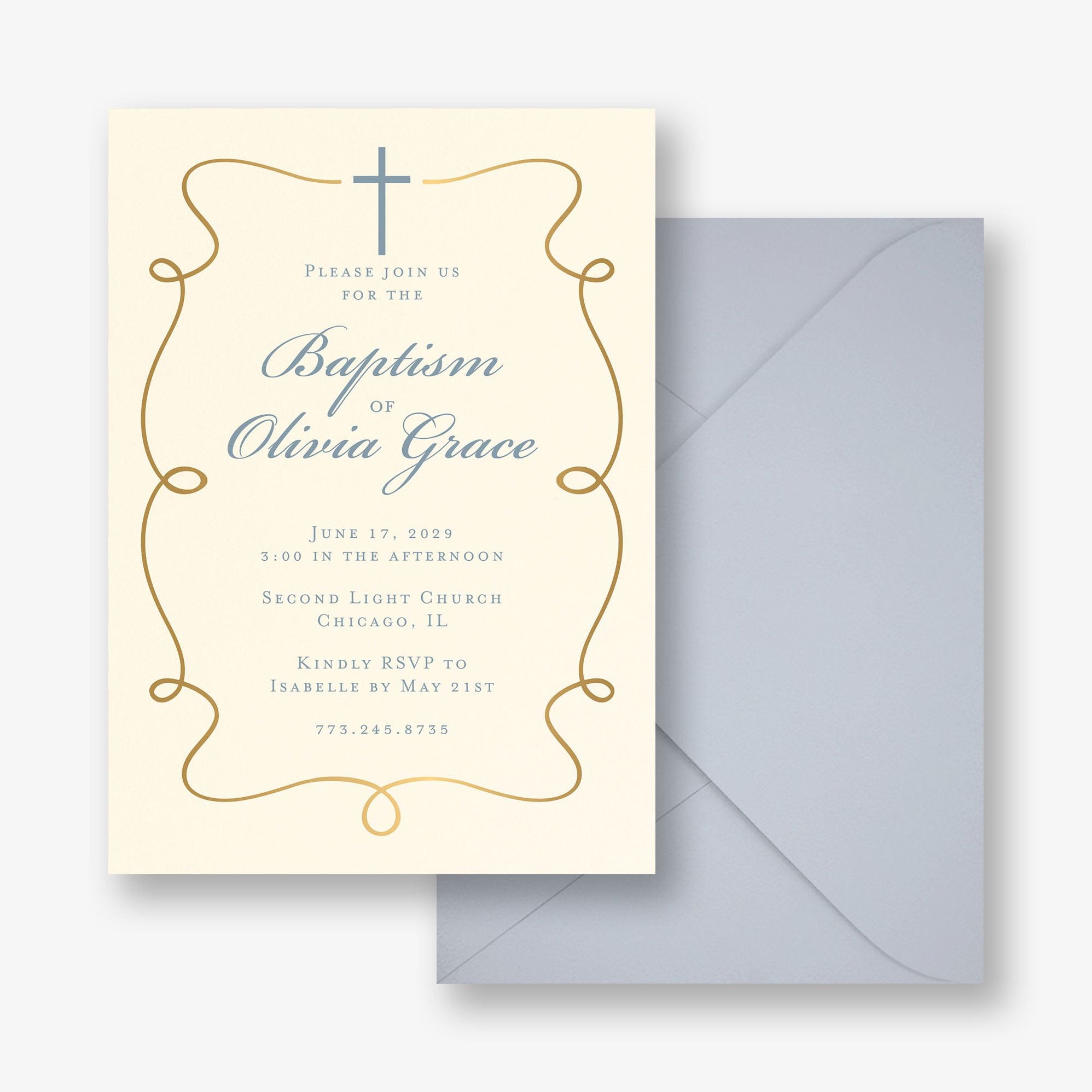 Scrollwork Cross Foil Baptism Invitation