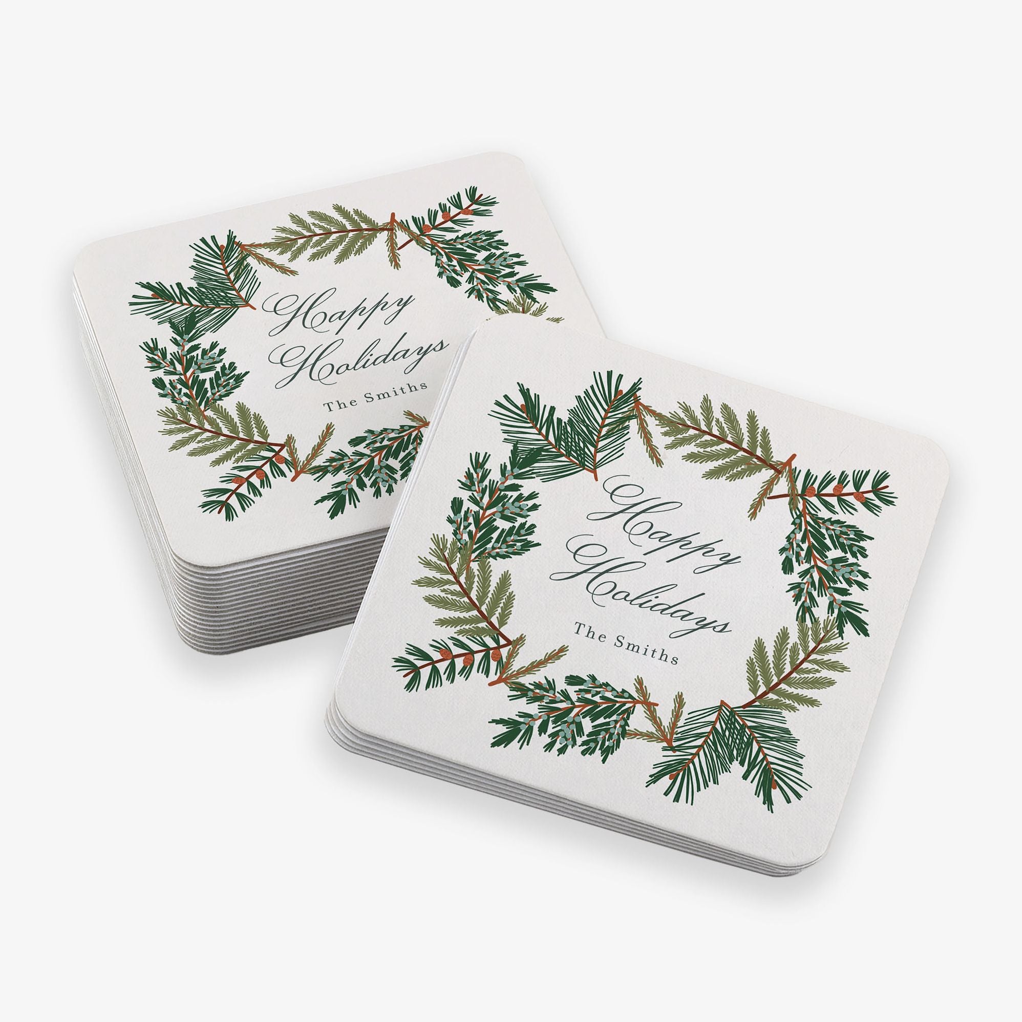 Pine Bough Wreath Square Custom Coasters