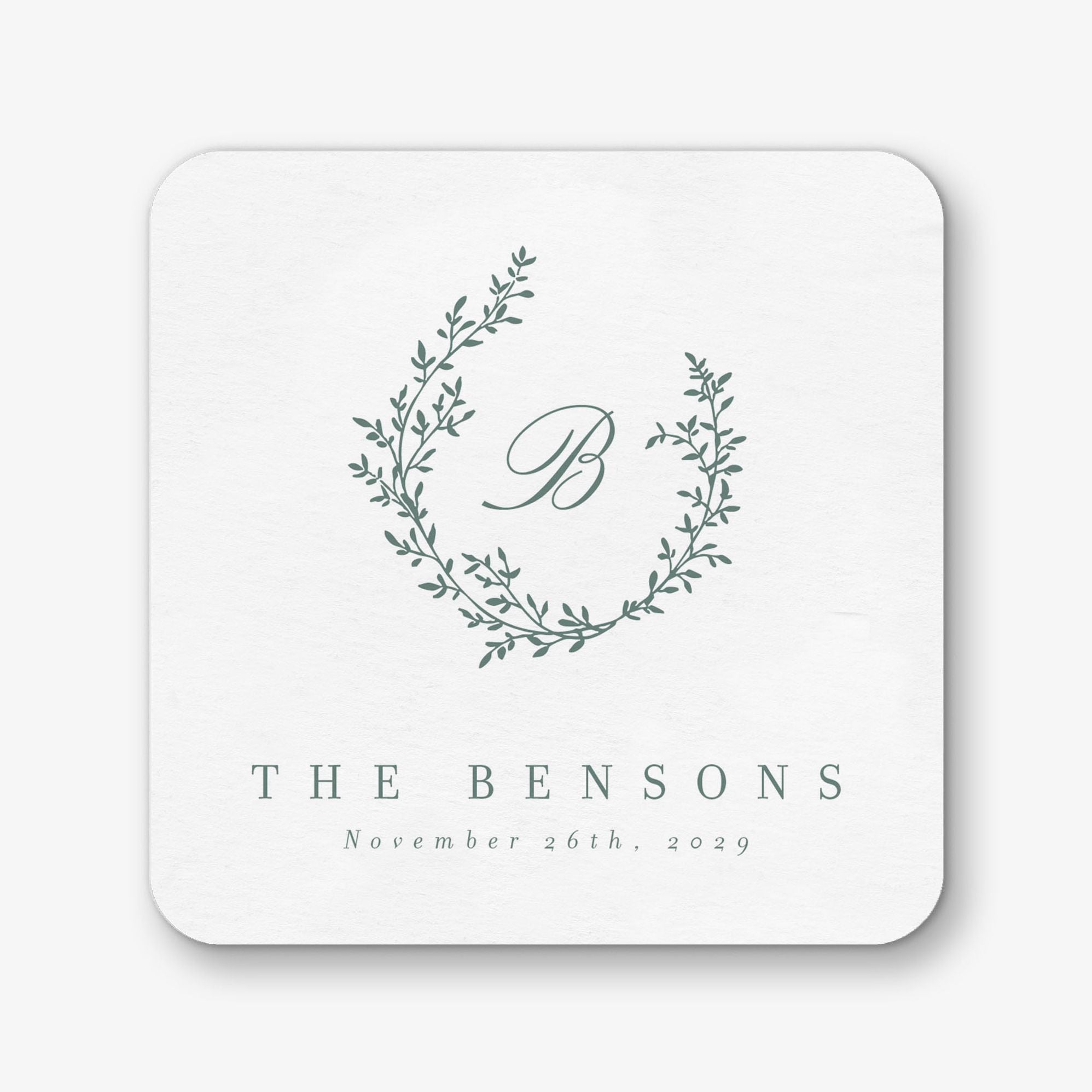 Botanical Wreath Monogram Square Custom Coasters
