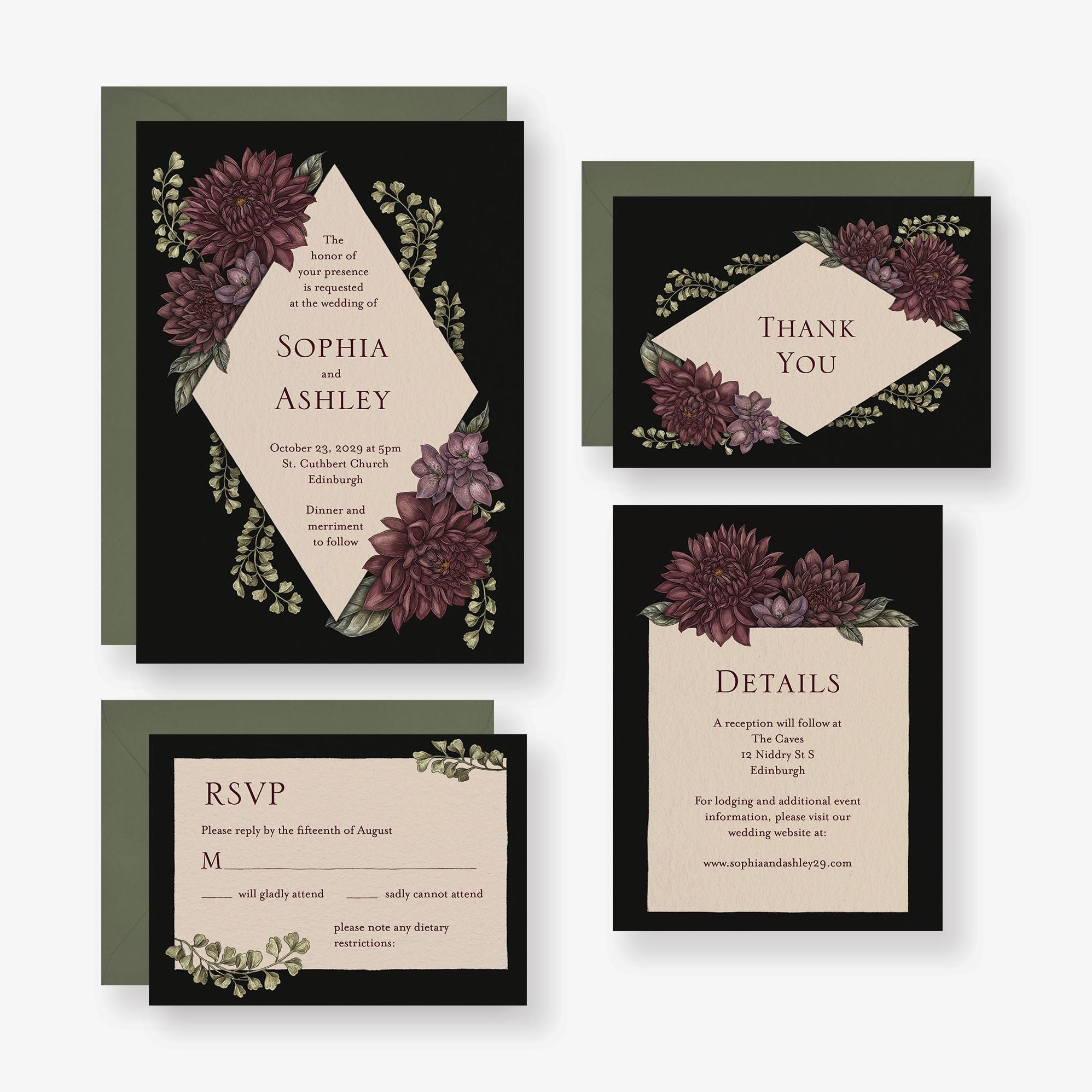 Moody Dahlias Wedding Invitation