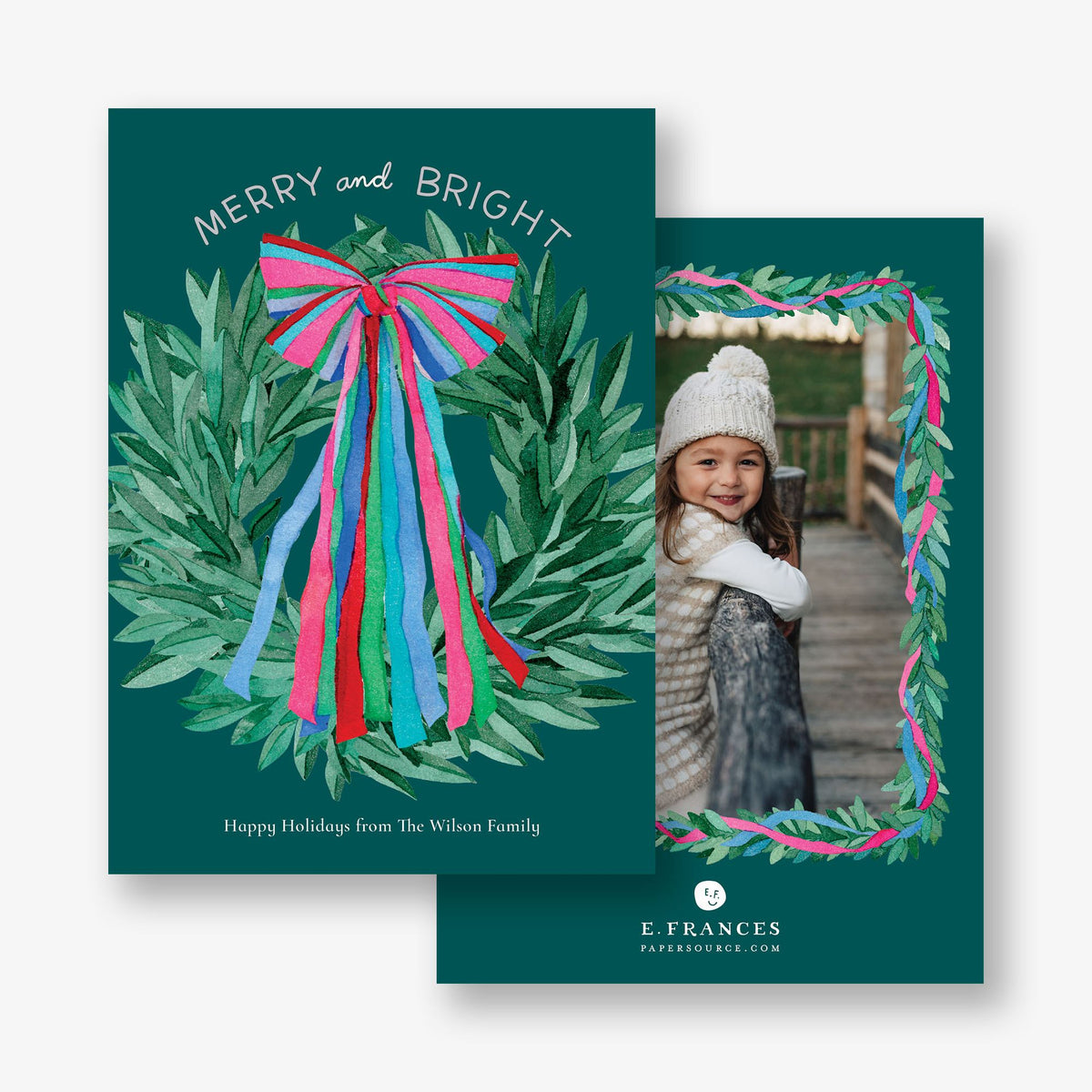 Colorful Ribbon Wreath Foil Holiday Photo Card