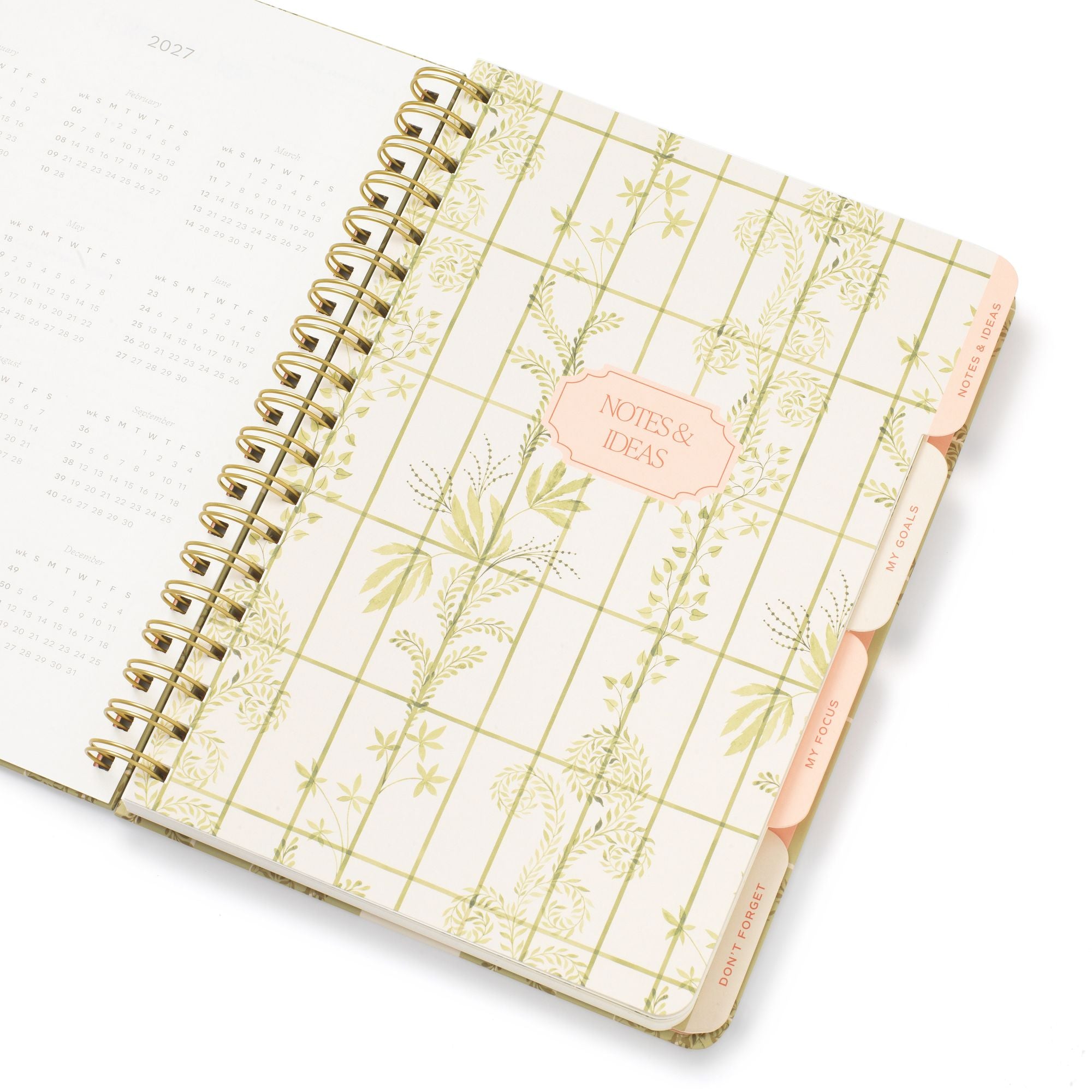 2027 Trellis B5 Hardcover Spiral Calendar Year Planner, 4 Dividers, Green