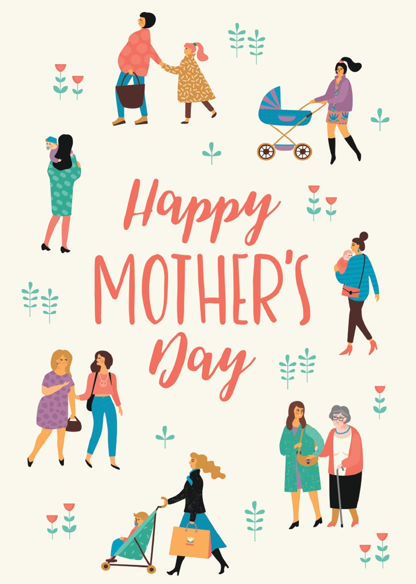Mother's Day Greeting Card Moms with their Kids