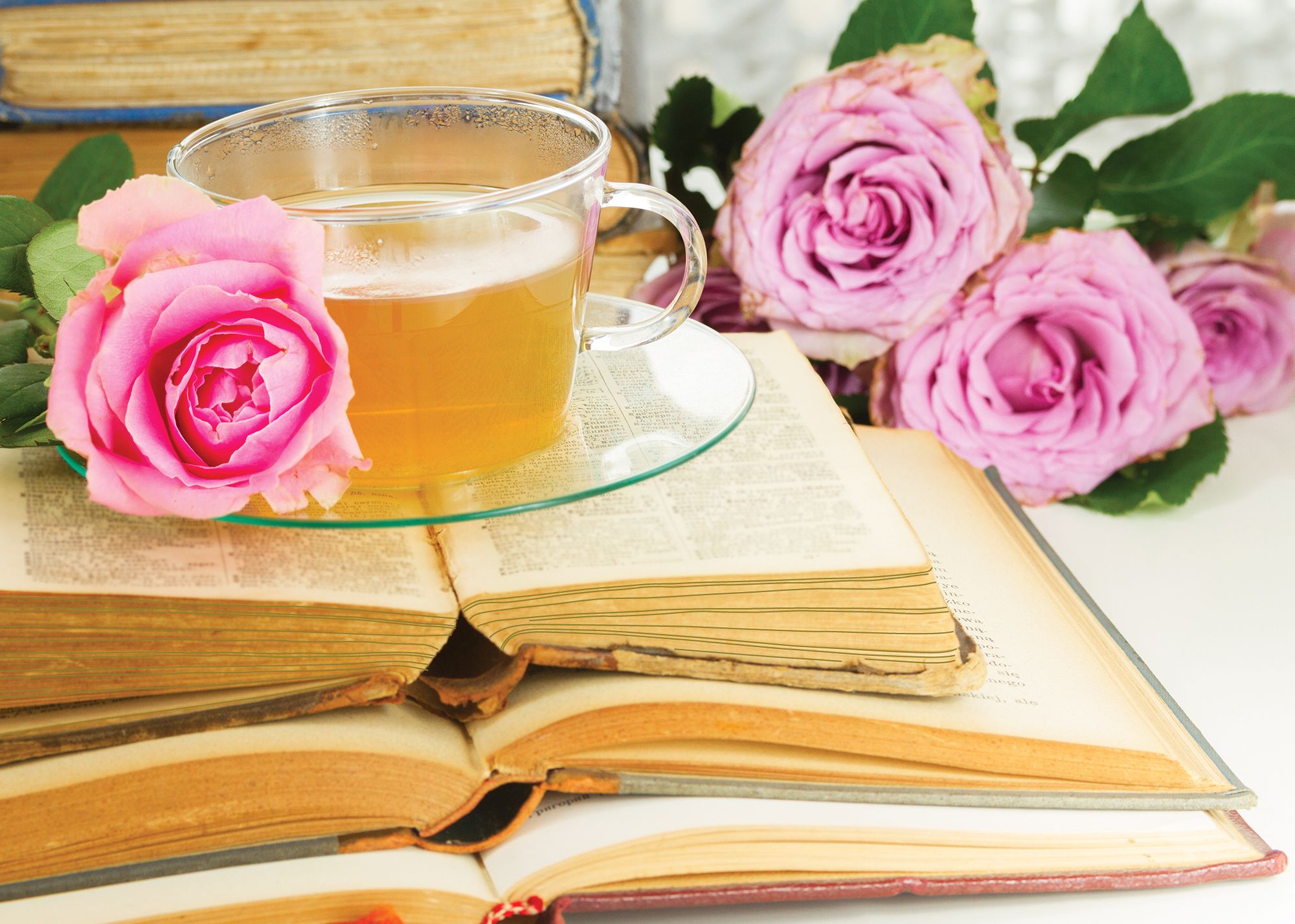 Mother's Day Greeting Card 3 Books With Cup Of Tea & Pink Roses