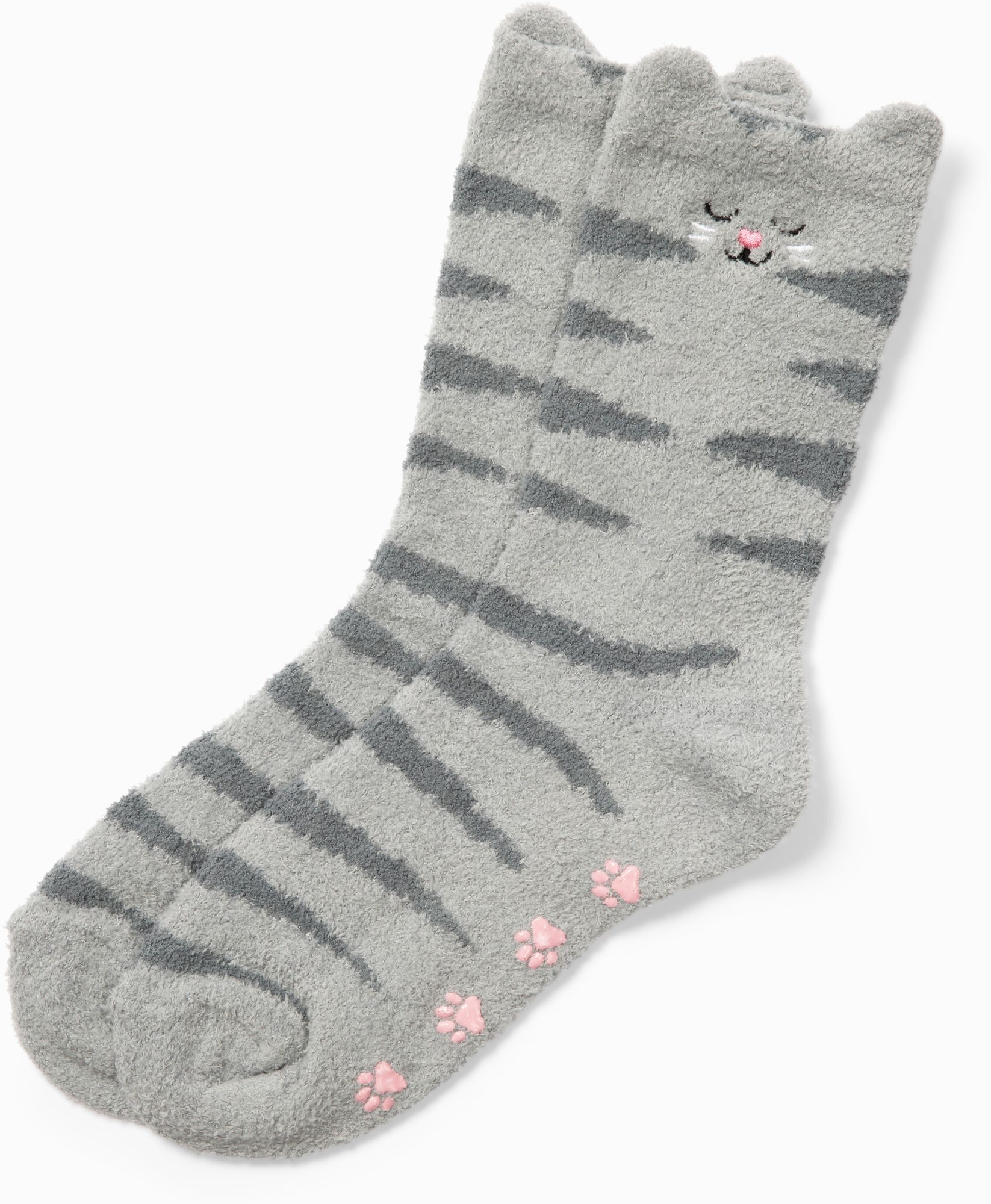 Grey Cat Fuzzy Crew Socks