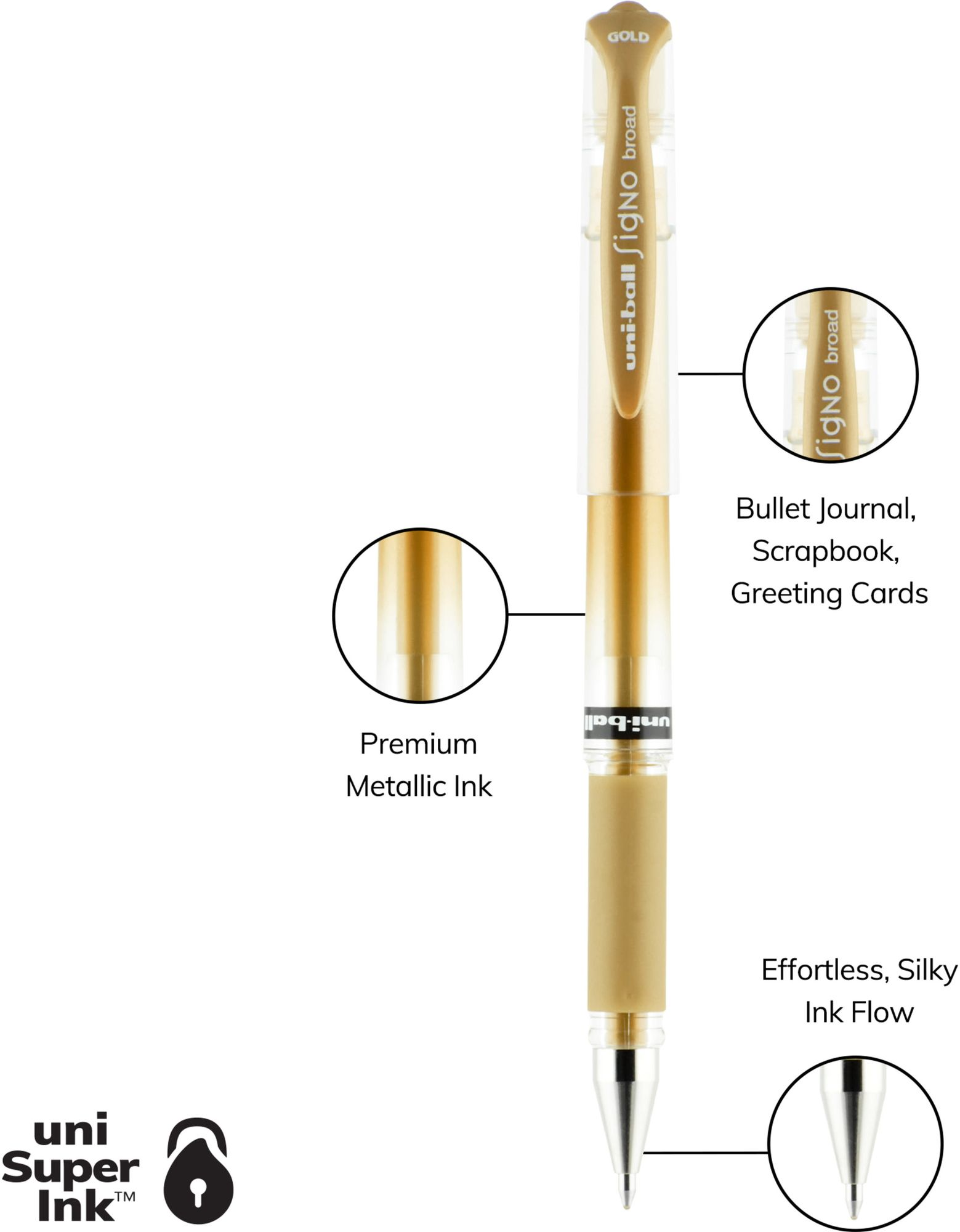 uniball Signo Gel Impact Pens, Bold Point (1.0mm), Assorted Metallic, 3 Pack (Gold, Silver, White)