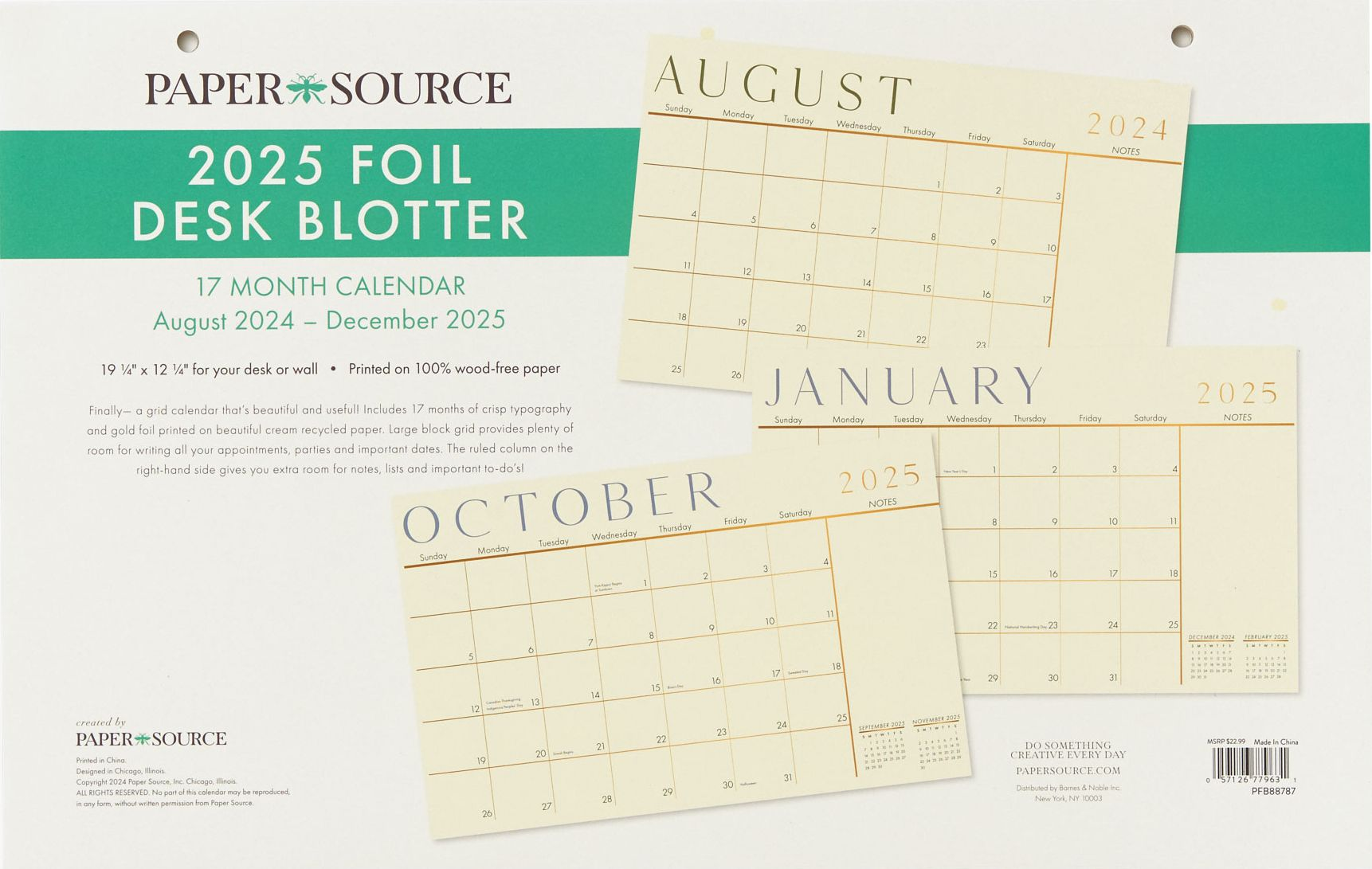 2025 Paper Source Foil 17 Month Blotter Calendar