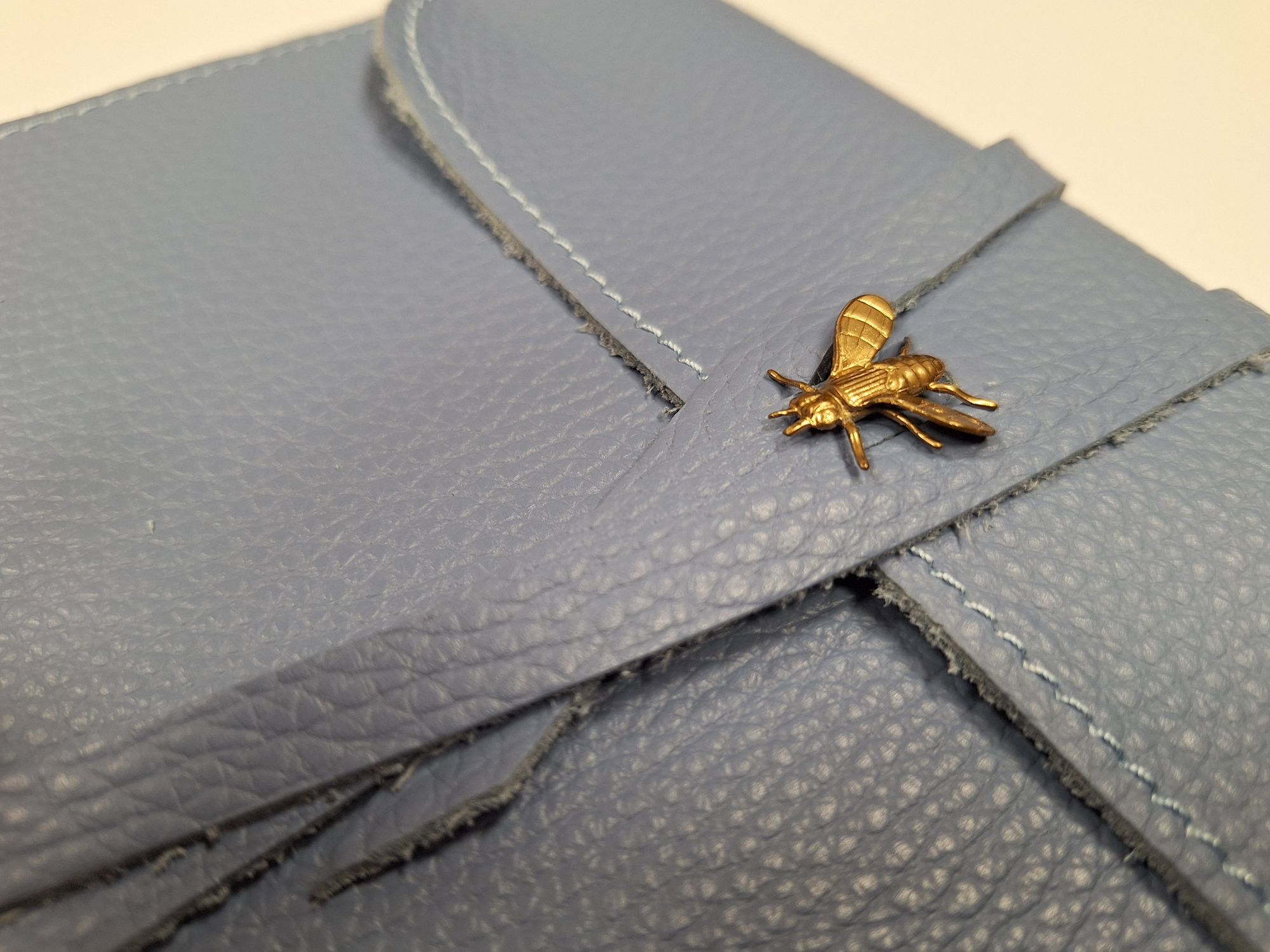 6x8 Avio Leather Journal with lace and Brass Bee ornament and IVORY edges