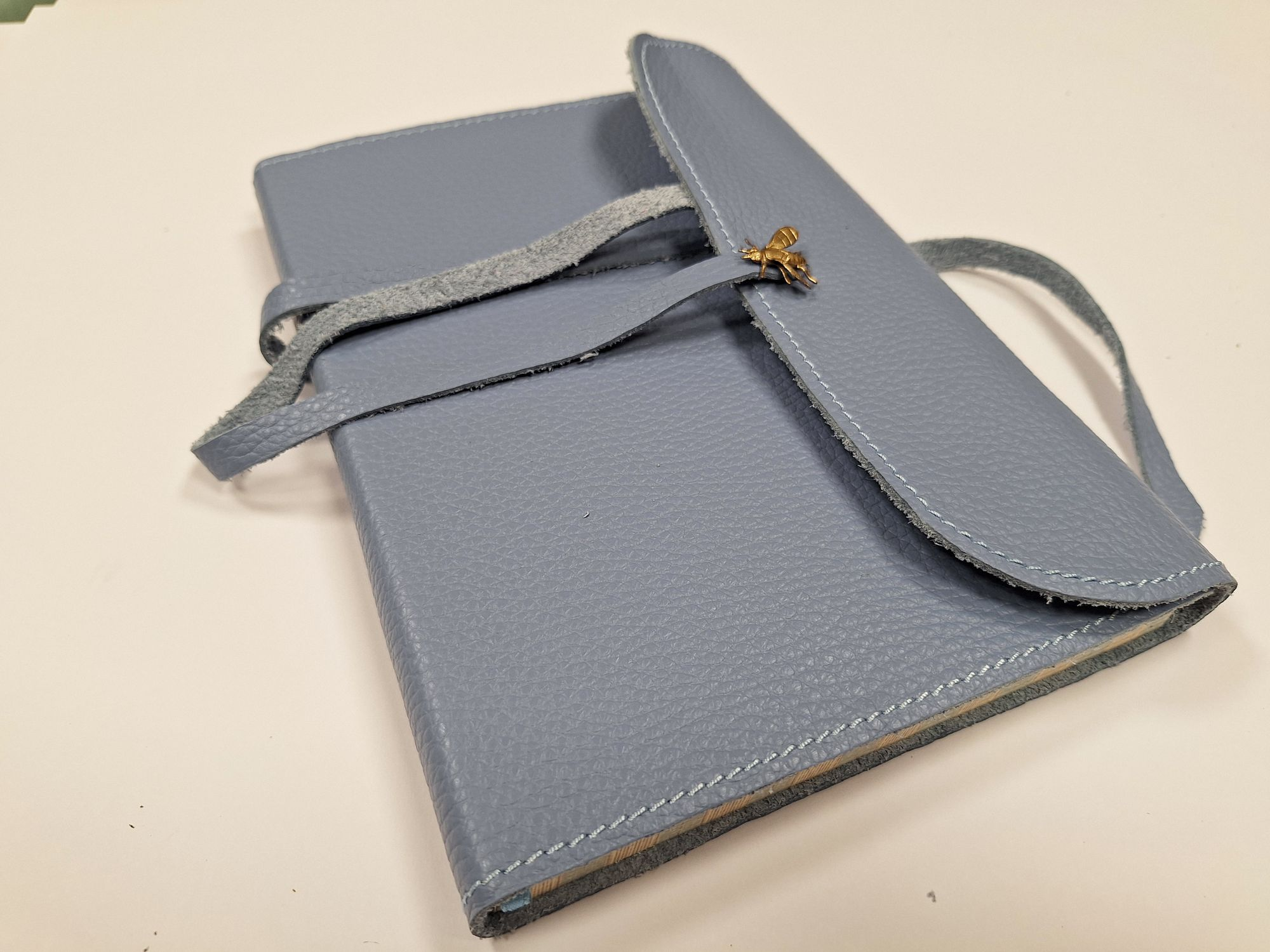 6x8 Avio Leather Journal with lace and Brass Bee ornament and IVORY edges