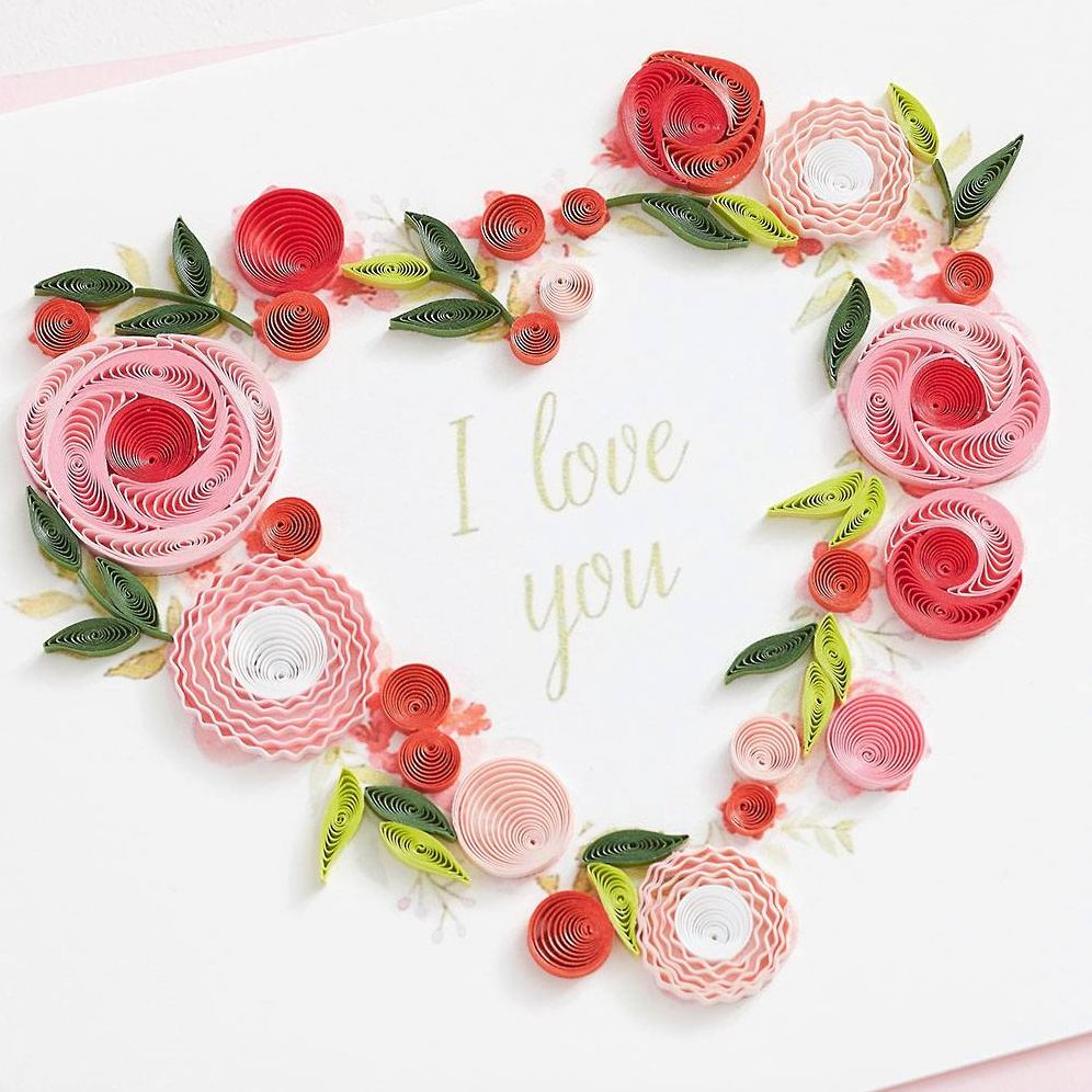 Quilling I Love You Flower Heart Wreath Card