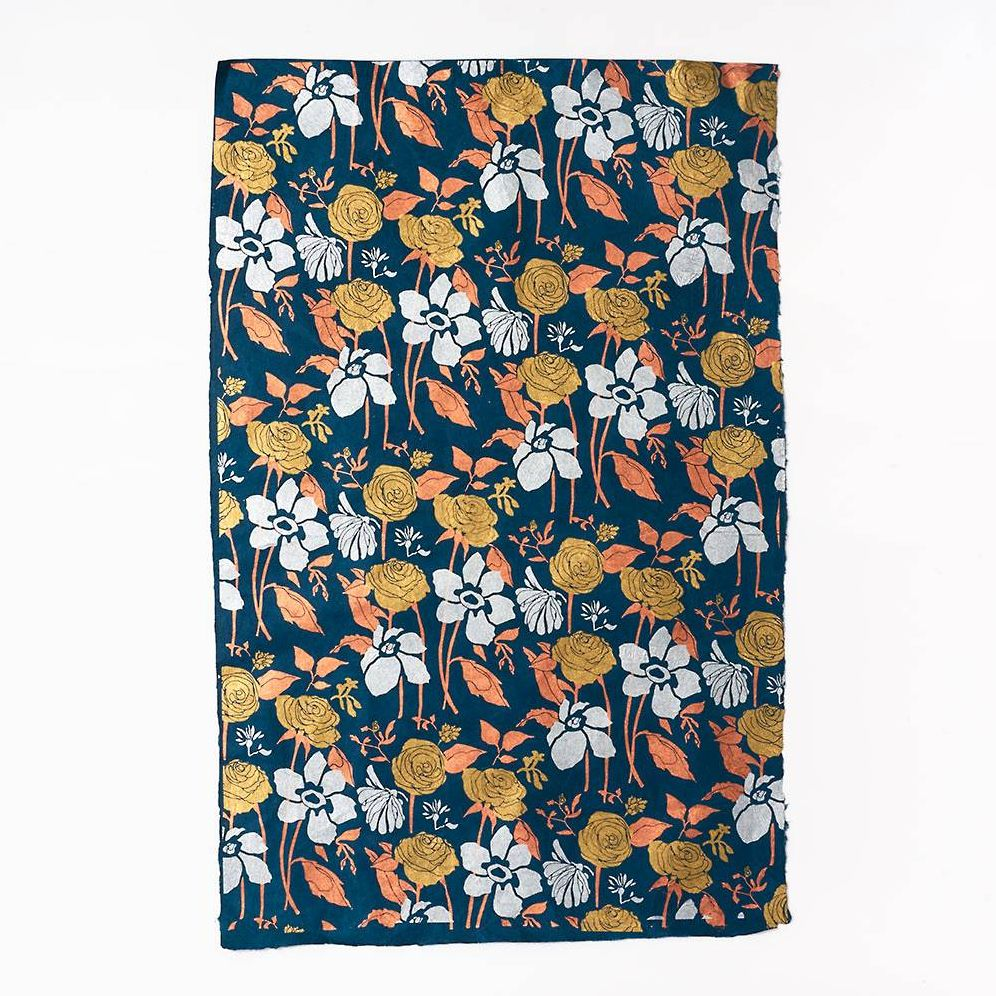 Mixed Metallic Floral on Teal Handmade Paper