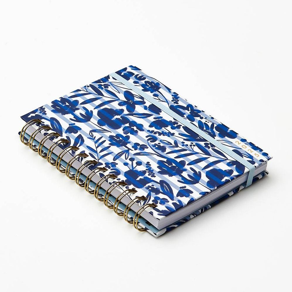 2024-2025 Paper Source Blue Striped Floral 17-Month Paper Wrapped Hardcover Spiral Petite Monthly Planner