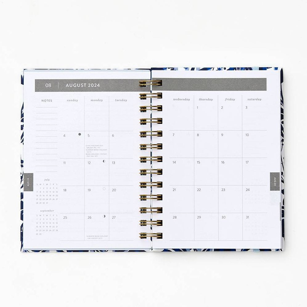 2024-2025 Paper Source Blue Striped Floral 17-Month Paper Wrapped Hardcover Spiral Petite Monthly Planner