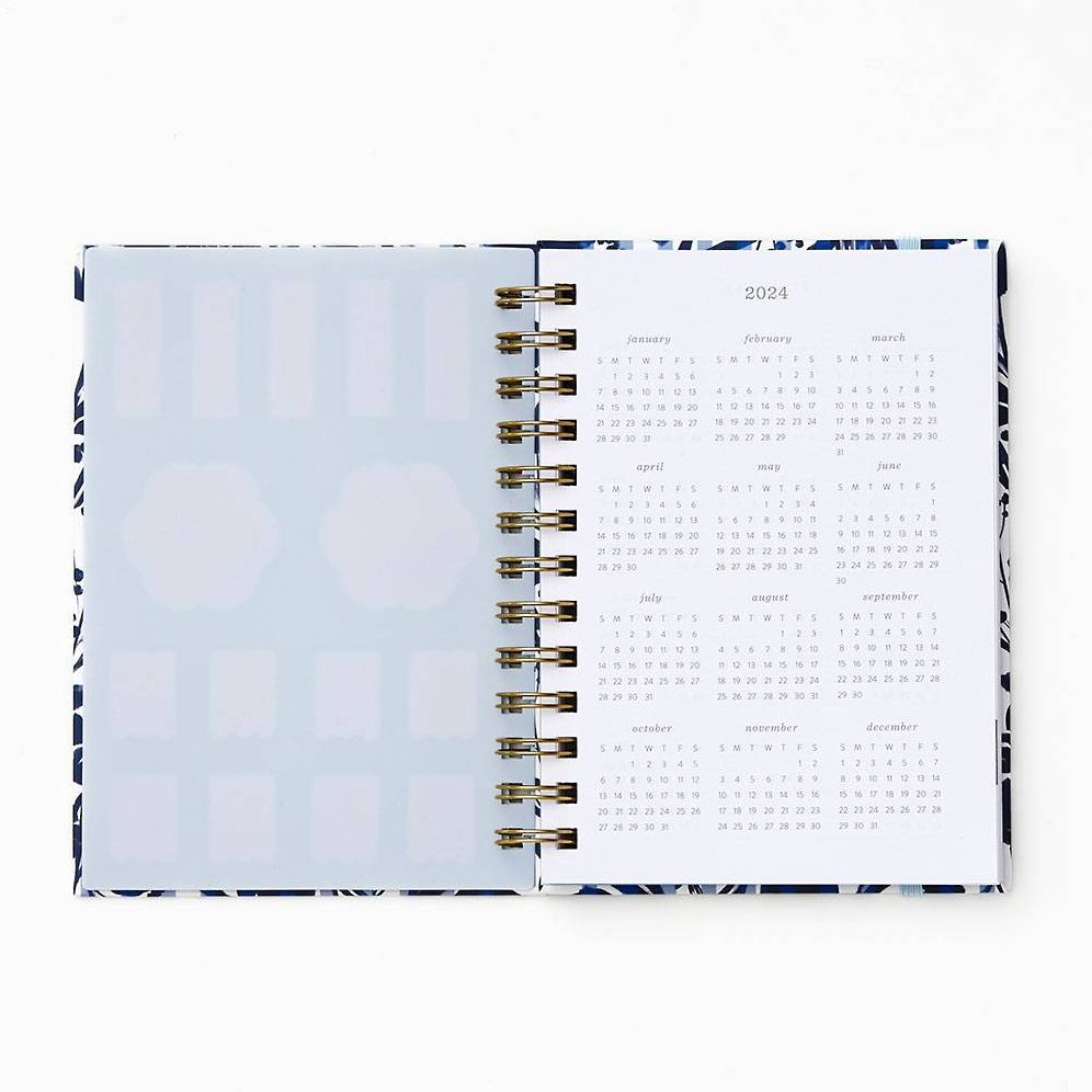 2024-2025 Paper Source Blue Striped Floral 17-Month Paper Wrapped Hardcover Spiral Petite Monthly Planner