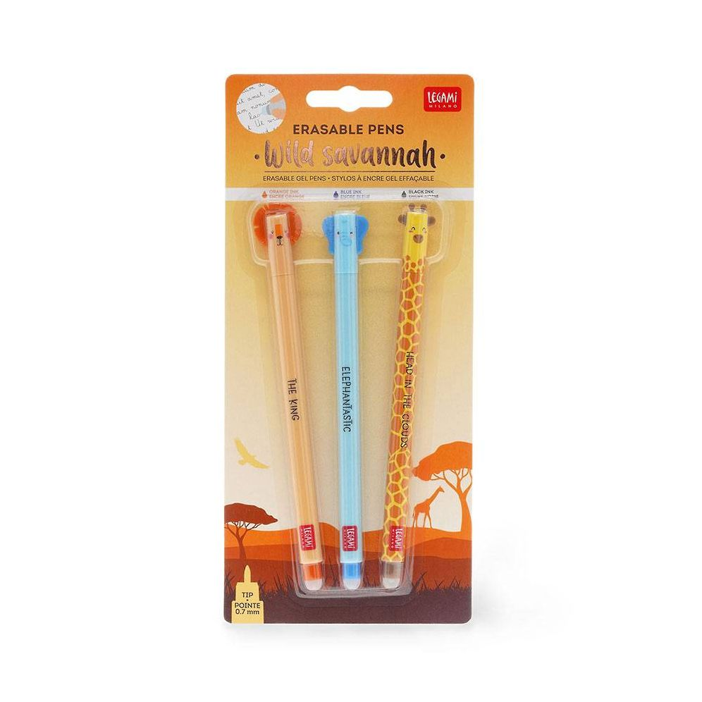 Legami Set Of 3 Erasable Gel Pens - Wild Savannah - Lion + Elephant + Giraffe