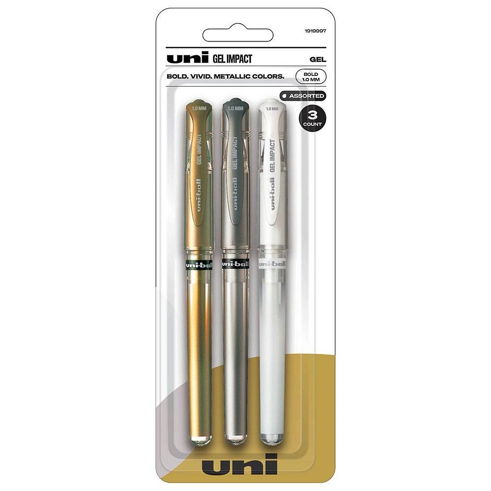 uniball Signo Gel Impact Pens, Bold Point (1.0mm), Assorted Metallic, 3 Pack (Gold, Silver, White)