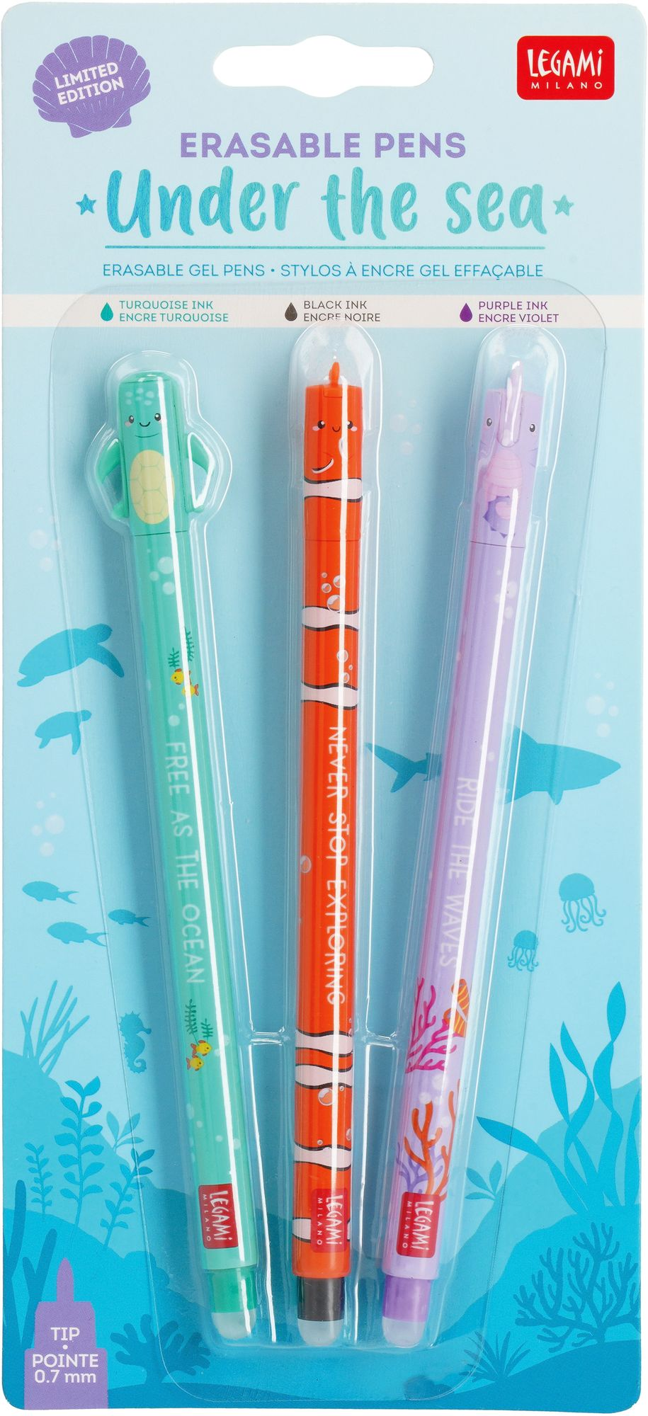 Legami Set Of 3 Erasable Gel Pens - Under The Sea - Sea Turtle + Clownfish + Seaho
