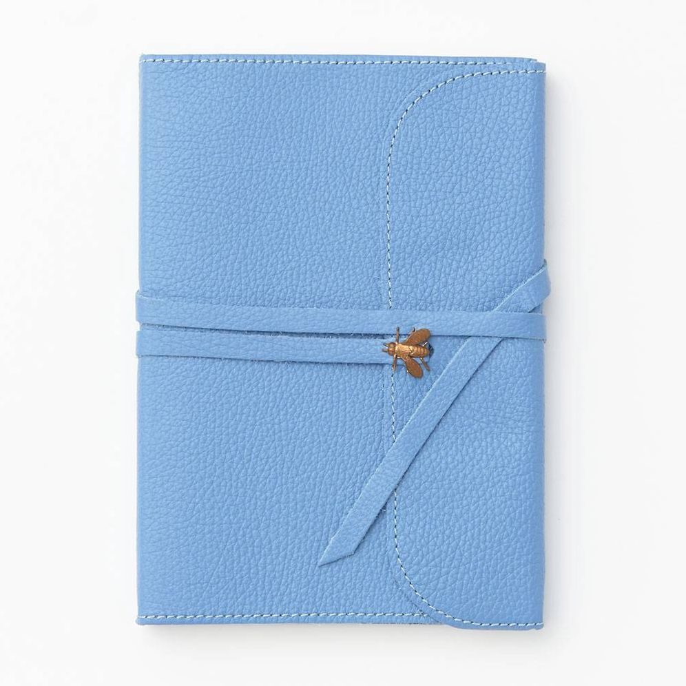 6x8 Avio Leather Journal with lace and Brass Bee ornament and IVORY edges