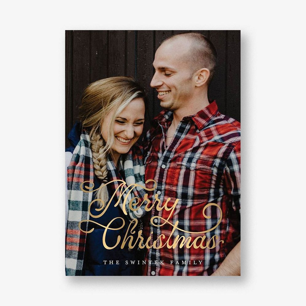 Retro Script Merry Christmas Foil Photo Card