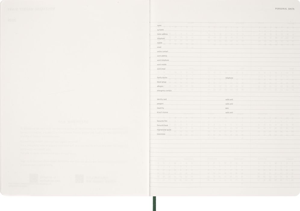 2026 Moleskine Myrtle Green 15-Month XXL Essential Soft Cover Weekly Vertical Planner