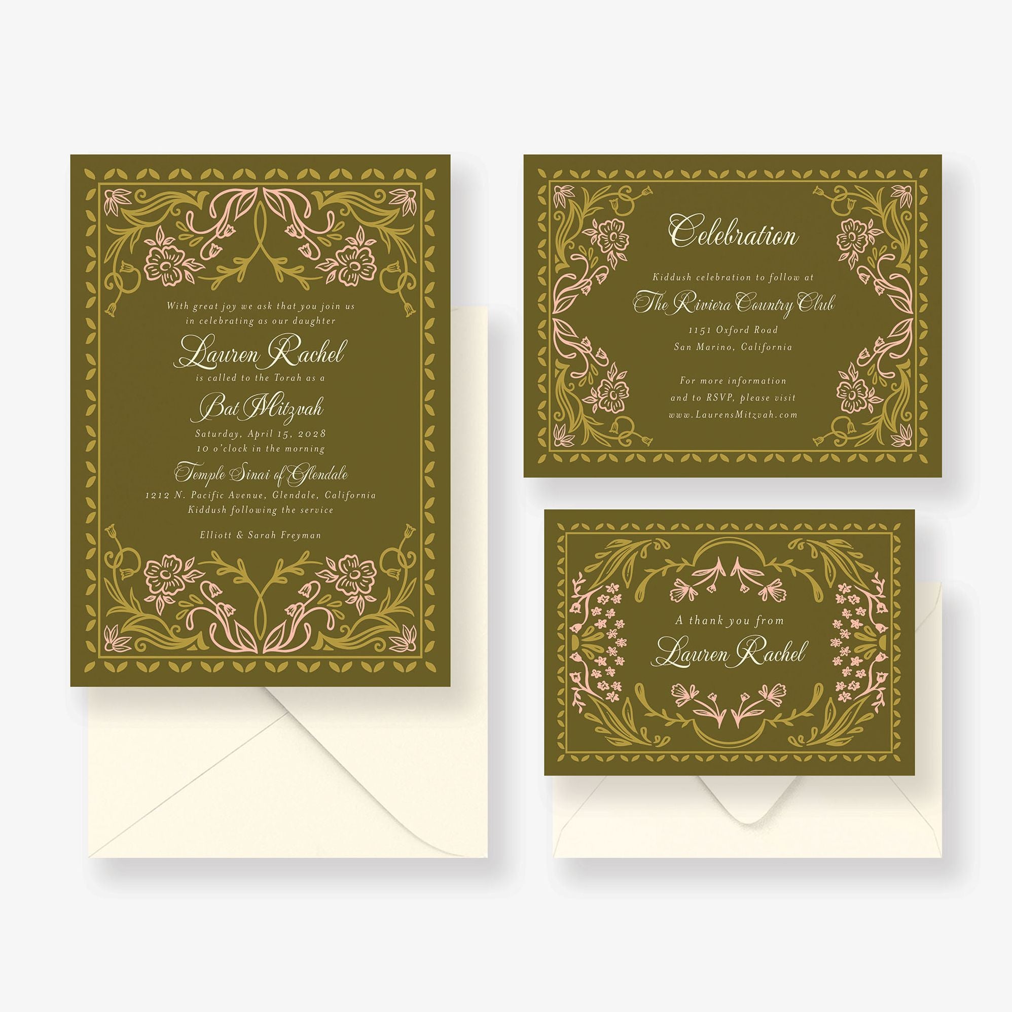 Folk Floral Bat Mitzvah Invitation