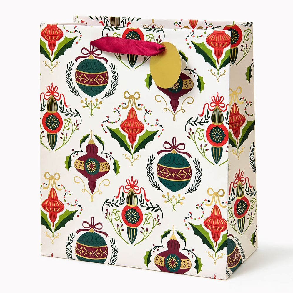 Papyrus Watercolor Ornaments Gift Bag – Medium Holiday Gift Bag With Gold Foil & Ribbon Handles
